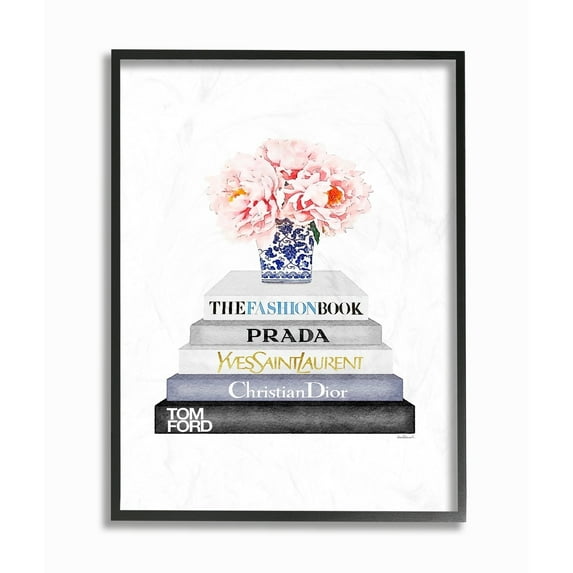 Stupell Grey Fashion Bookstack with Pink Flowers Framed Art, 11 x 14, Proudly Made in USA - Multi-Color 16 x 20