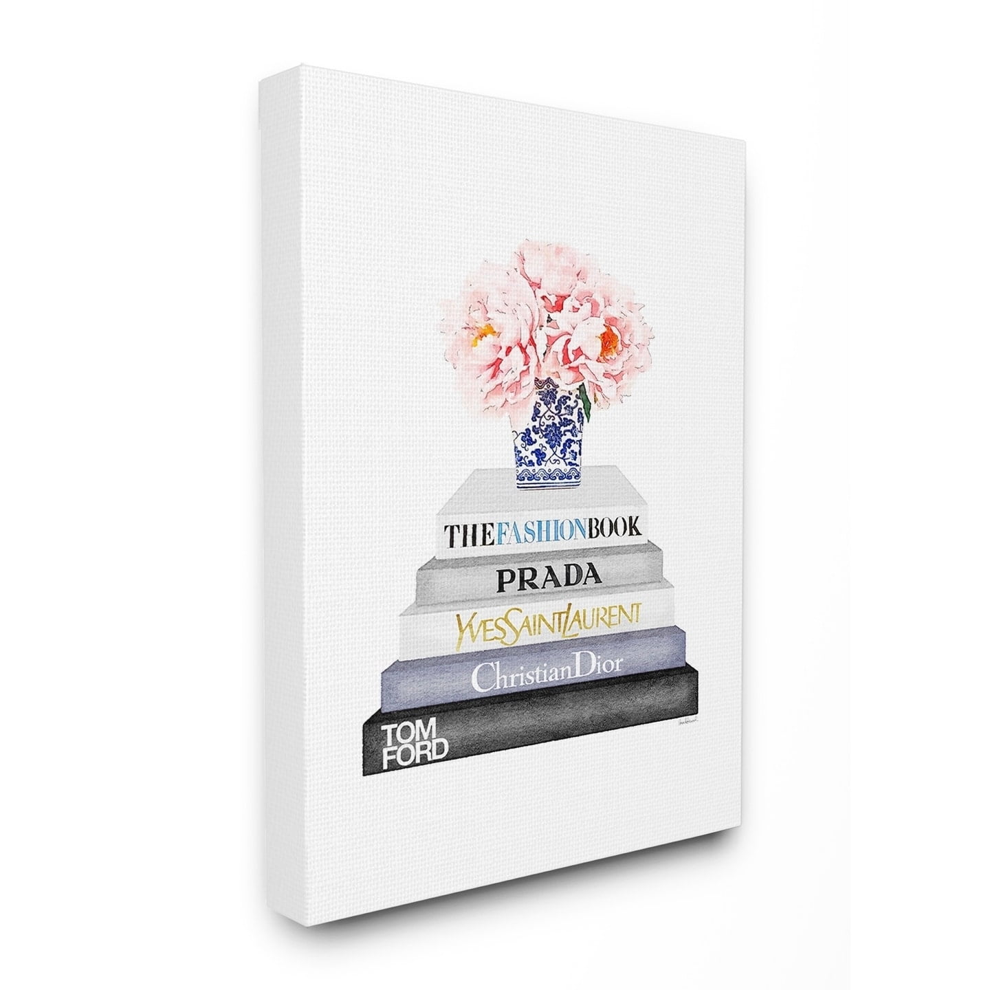 The Stupell Home Decor Grey Fashion Bookstack with Pink Flowers in Blue and White Vase Canvas Wall Art