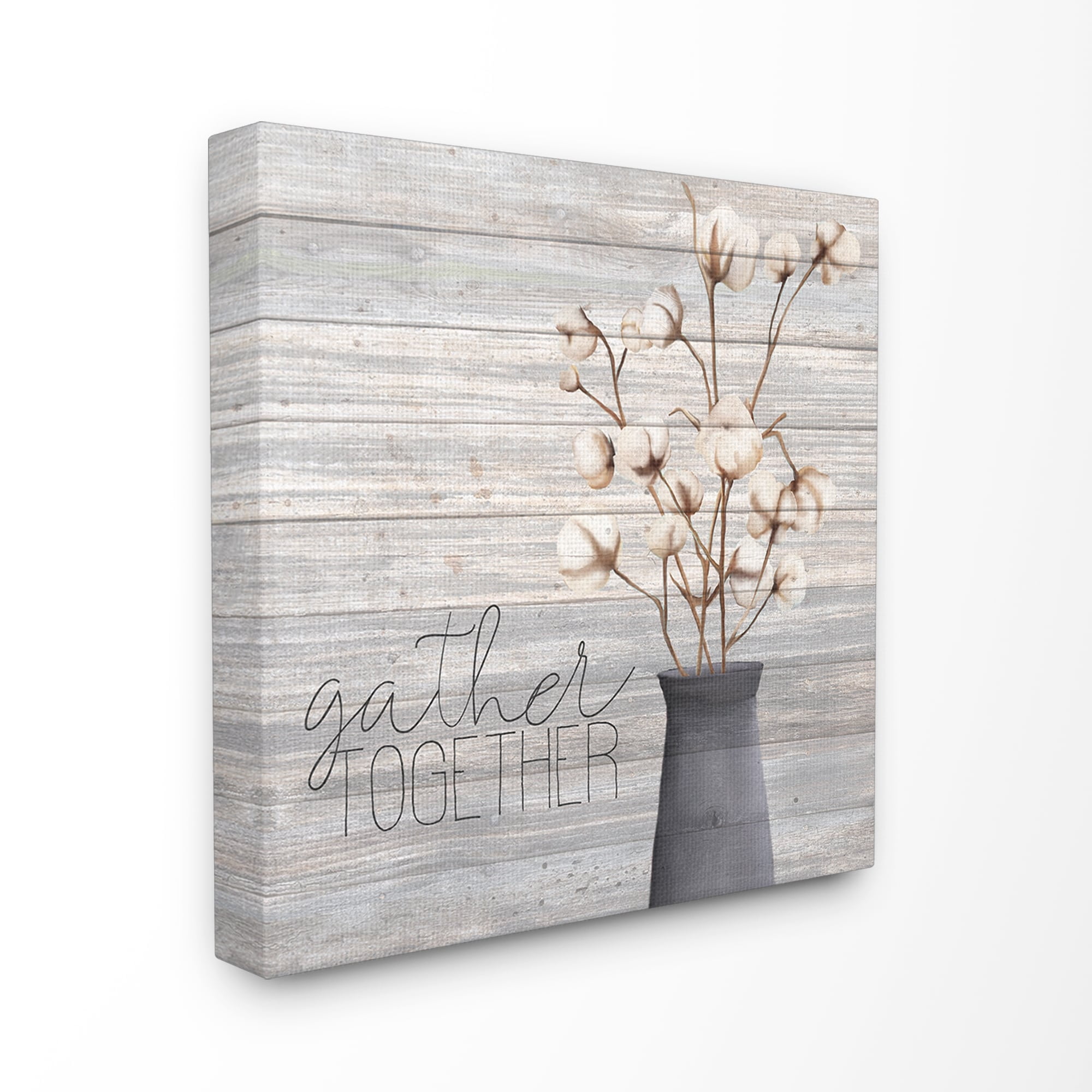 The Stupell Home Decor Grey Gather Together Cotton Flowers in Vase Canvas Wall Art