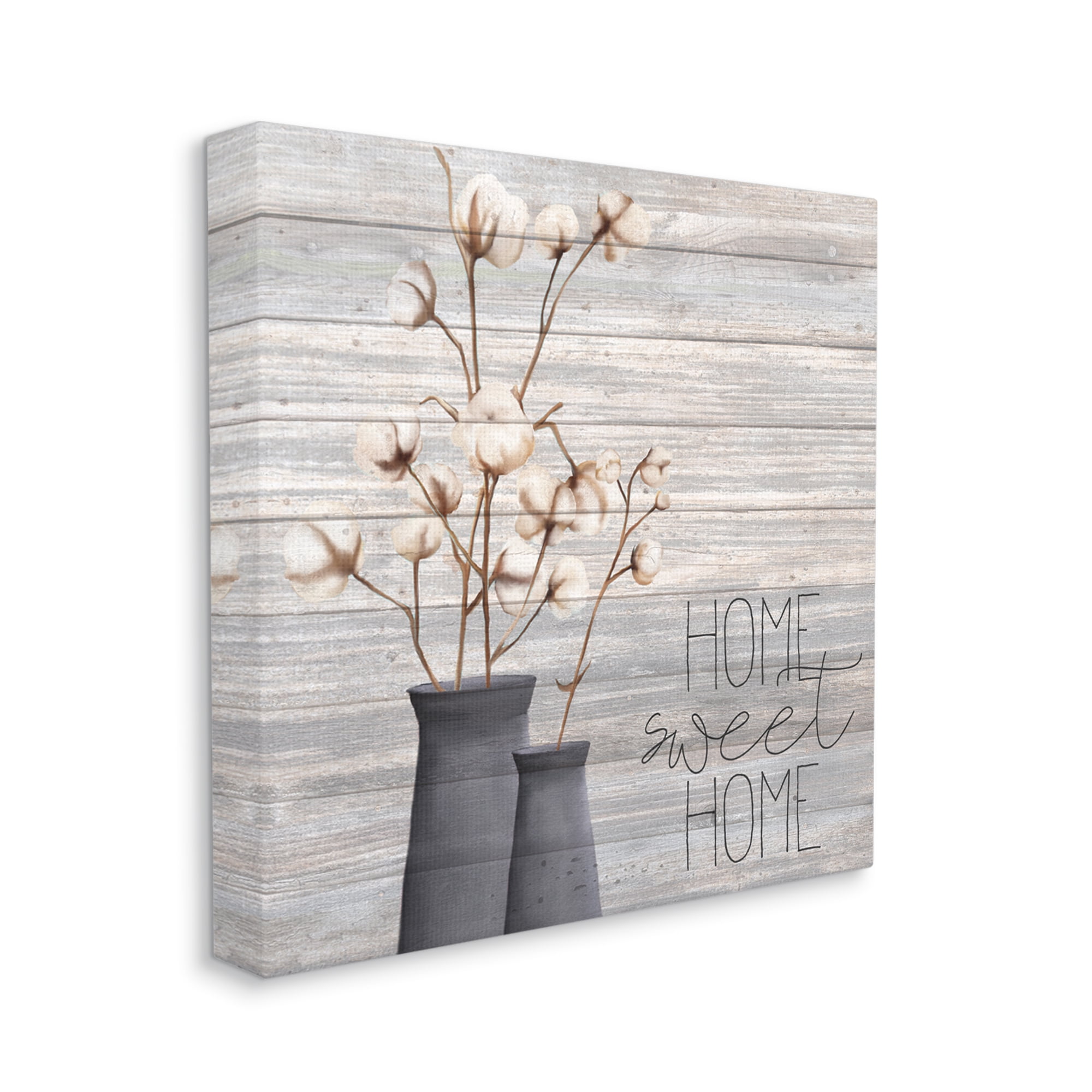 Gray Cotton Flowers in Vase Home Sweet Home Canvas Wall Art