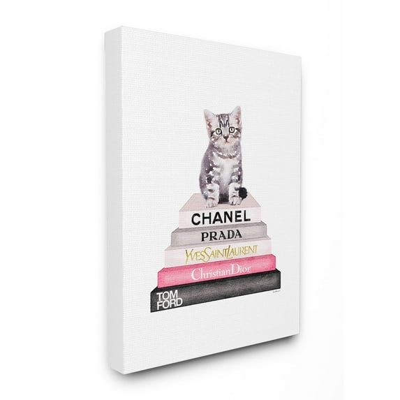 The Stupell Home Decor Grey Pink and Black Fashion Bookstack with Kitten Canvas Wall Art