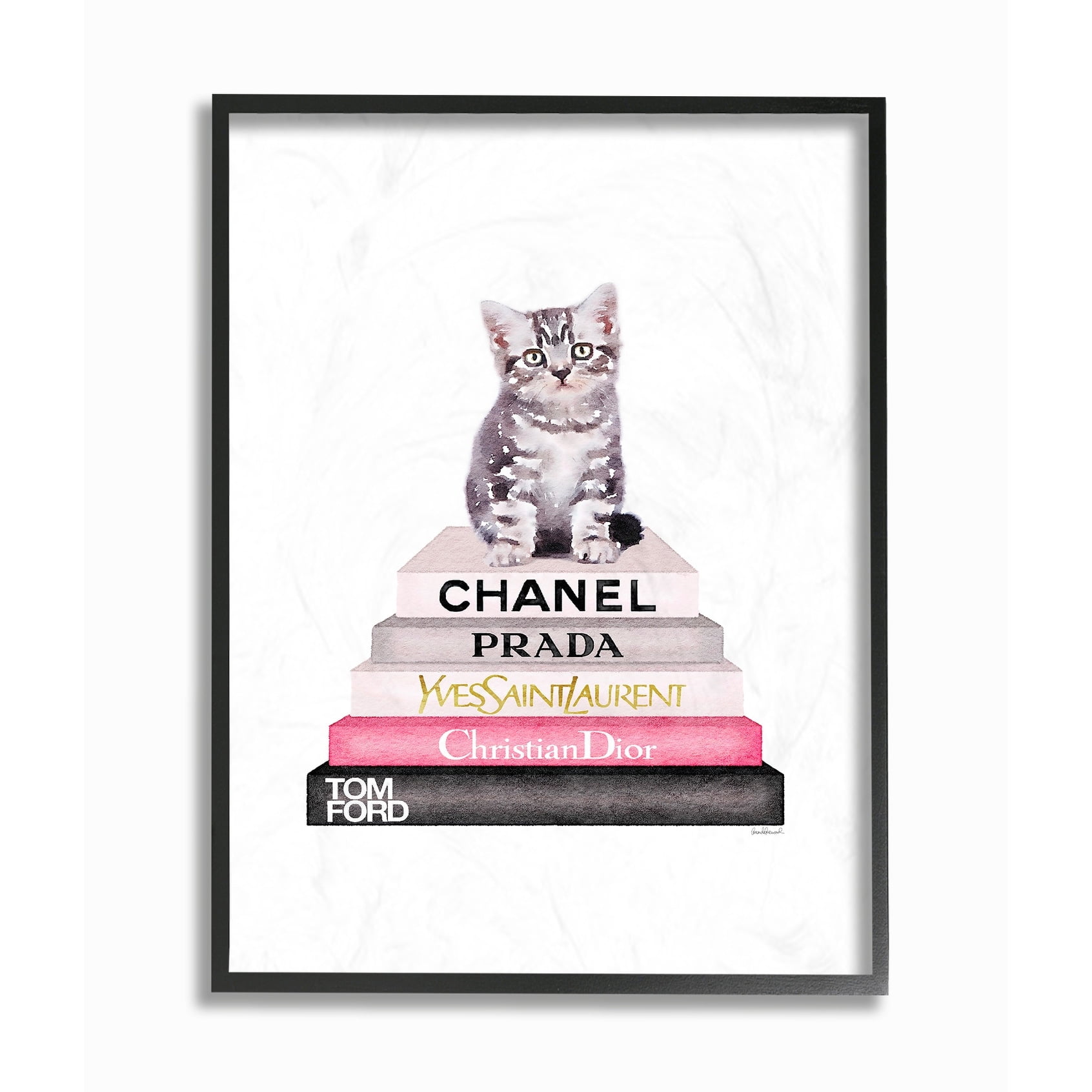 The Stupell Home Decor Grey Pink and Black Fashion Bookstack with Kitten Framed Texturized Art