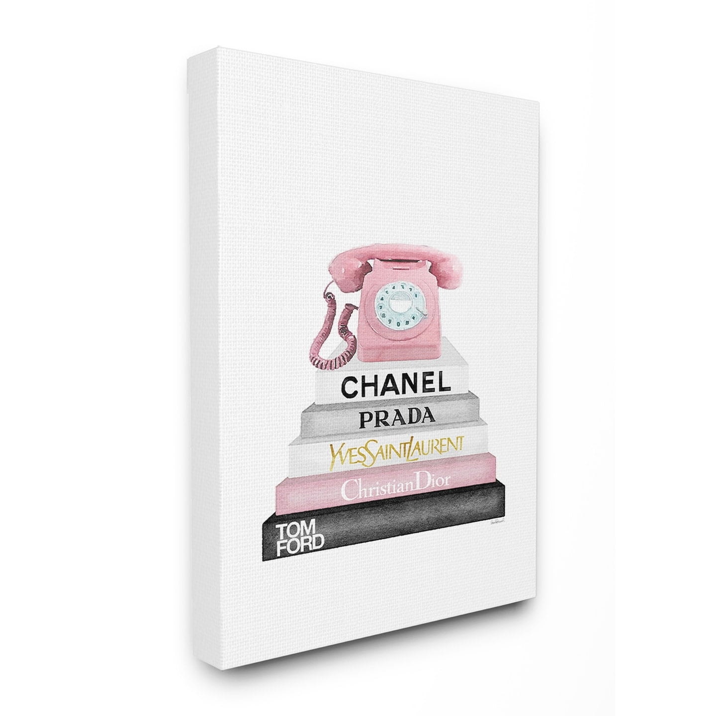 The Stupell Home Decor Grey Pink and Black Fashion Bookstack with Pink Phone Canvas Wall Art