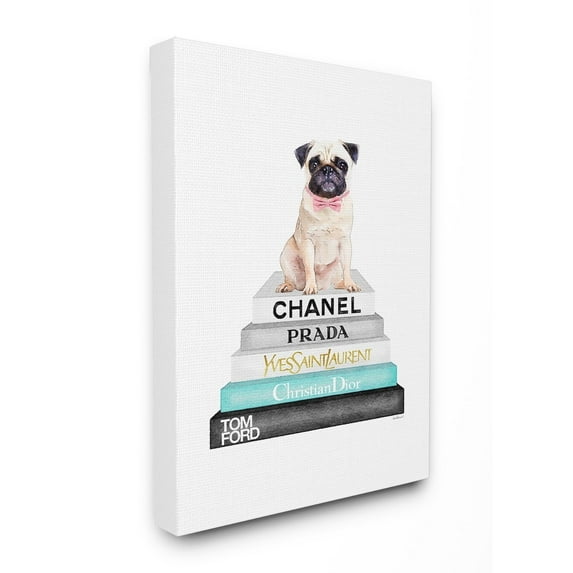 The Stupell Home Decor Grey Teal and Black Fashion Bookstack with Pug Canvas Wall Art