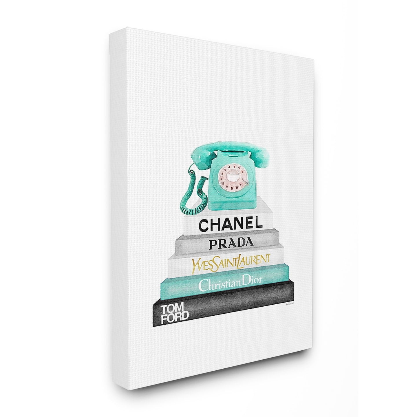 The Stupell Home Decor Grey Teal and Black Fashion Bookstack with Teal Phone Canvas Wall Art