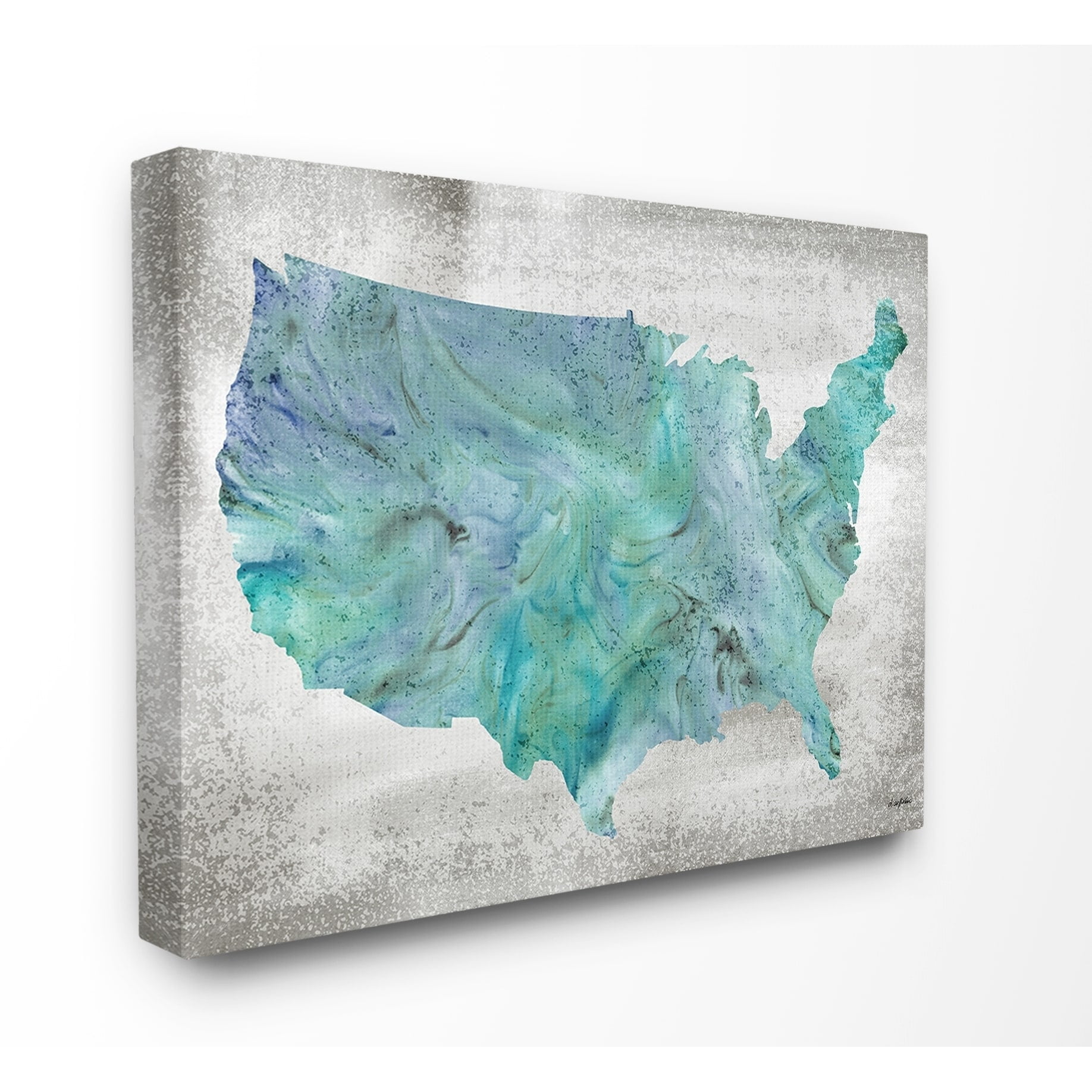 The Stupell Home Decor Inky Blue and Cyan Marbled US Map Silhouette Canvas Wall Art