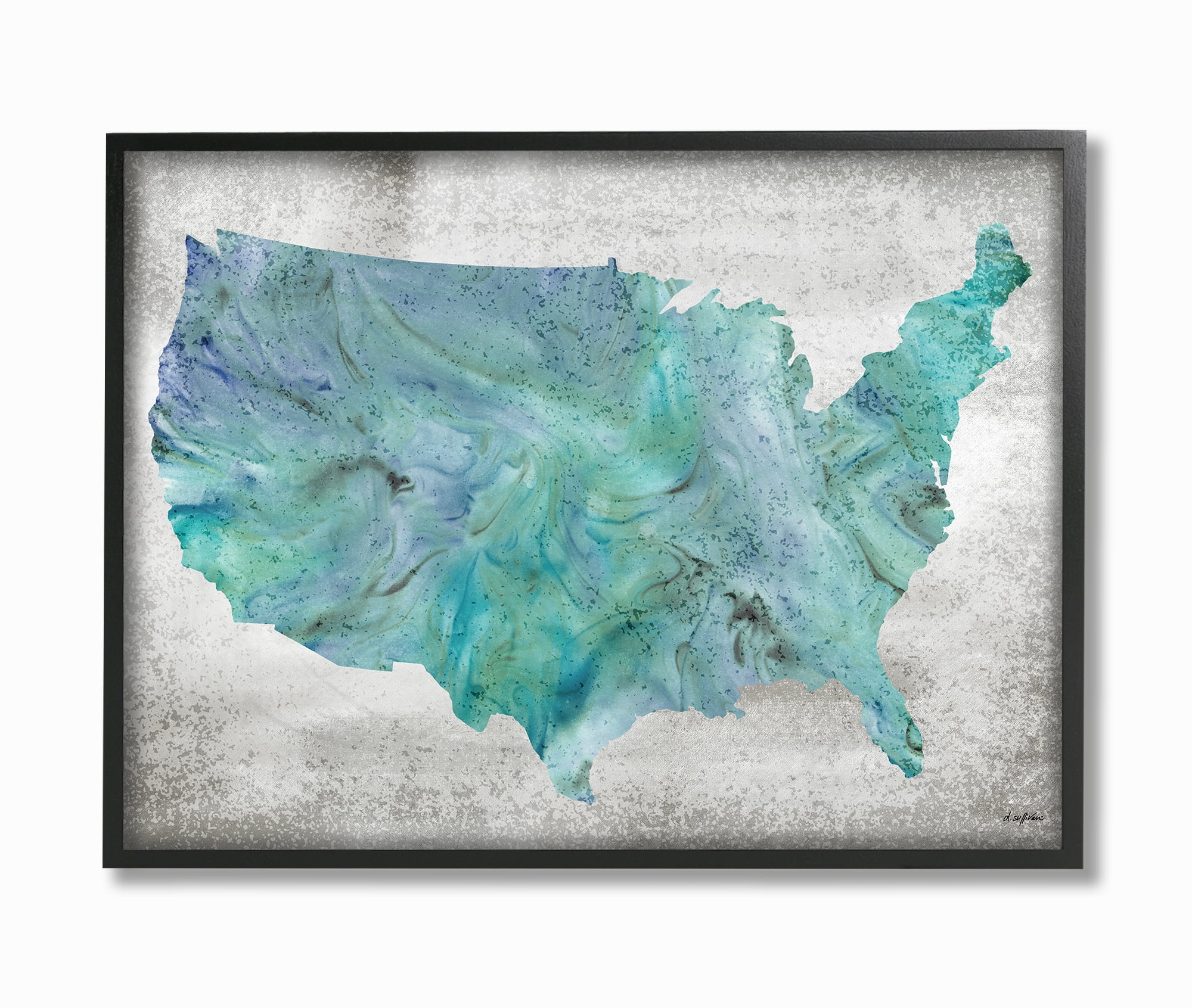 The Stupell Home Decor Inky Blue and Cyan Marbled US Map Silhouette Framed Texturized Art