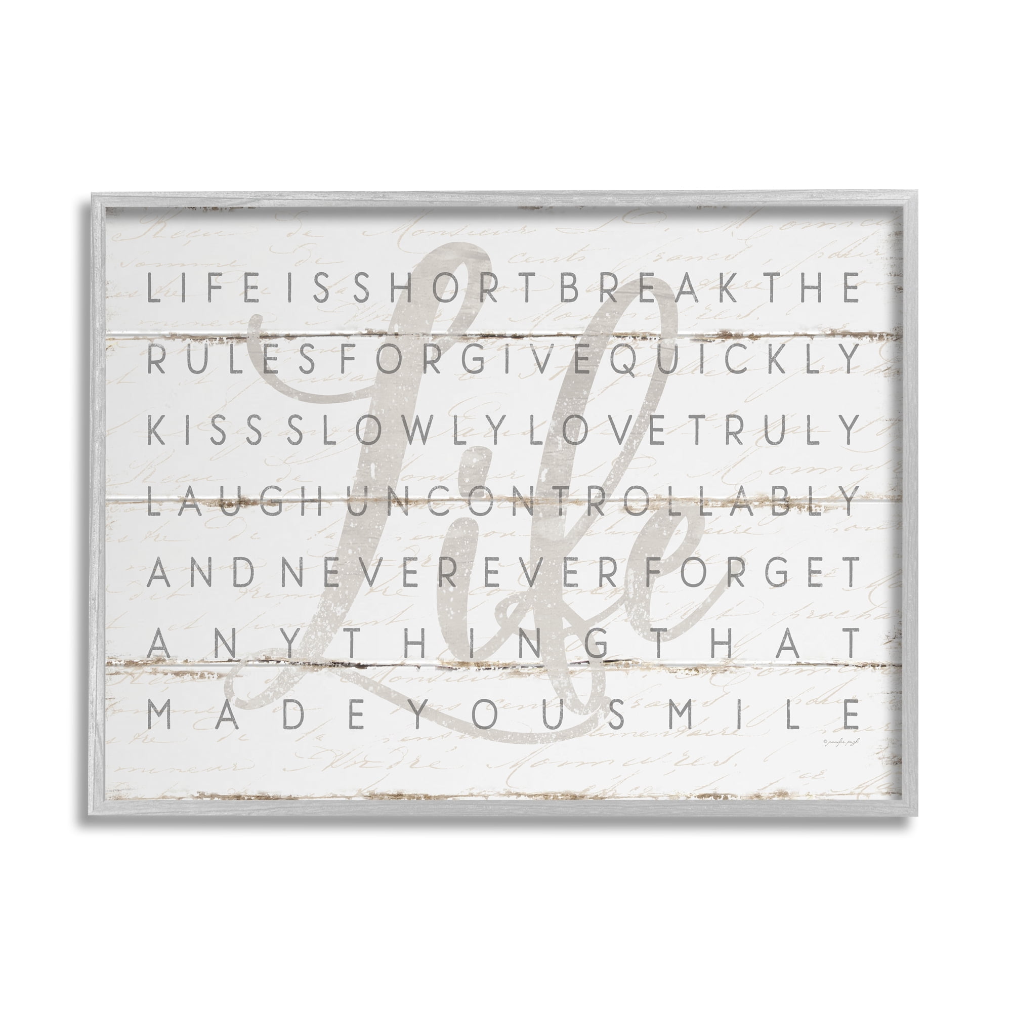 The Stupell Home Decor Life Is Short Smile Grey on White Planked Look Gray Framed Texturized Art