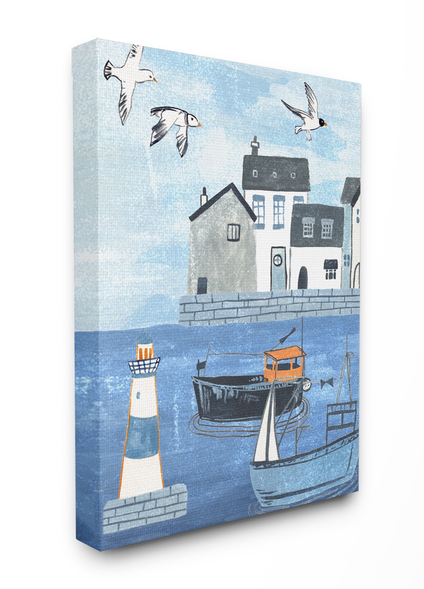 The Stupell Home Decor Lighthouse Seagulls Illustrated Dock Scene Canvas Wall Art