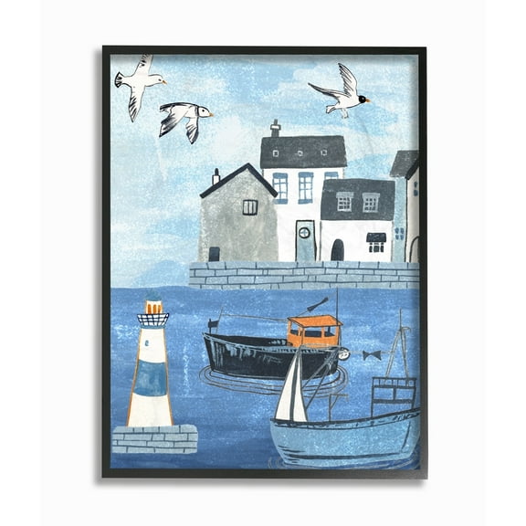 The Stupell Home Decor Lighthouse Seagulls Illustrated Dock Scene Framed Texturized Art