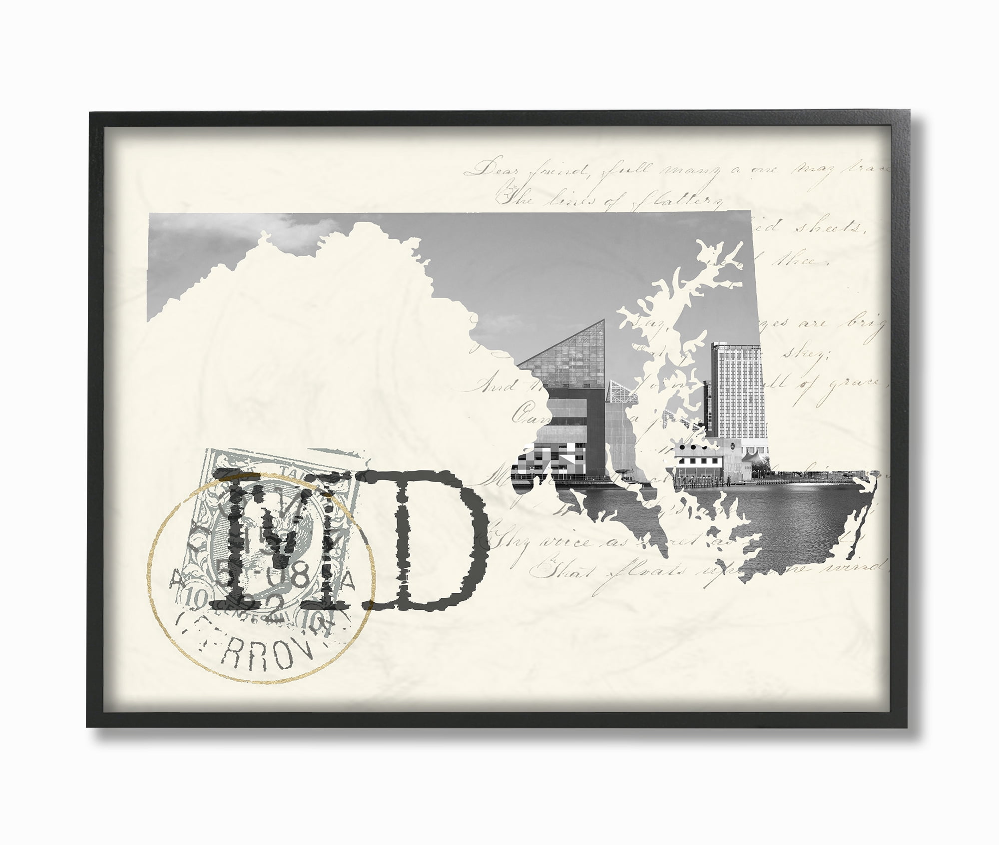 The Stupell Home Decor Maryland Black and White Photograph on Cream Paper Postcard Framed Texturized Art