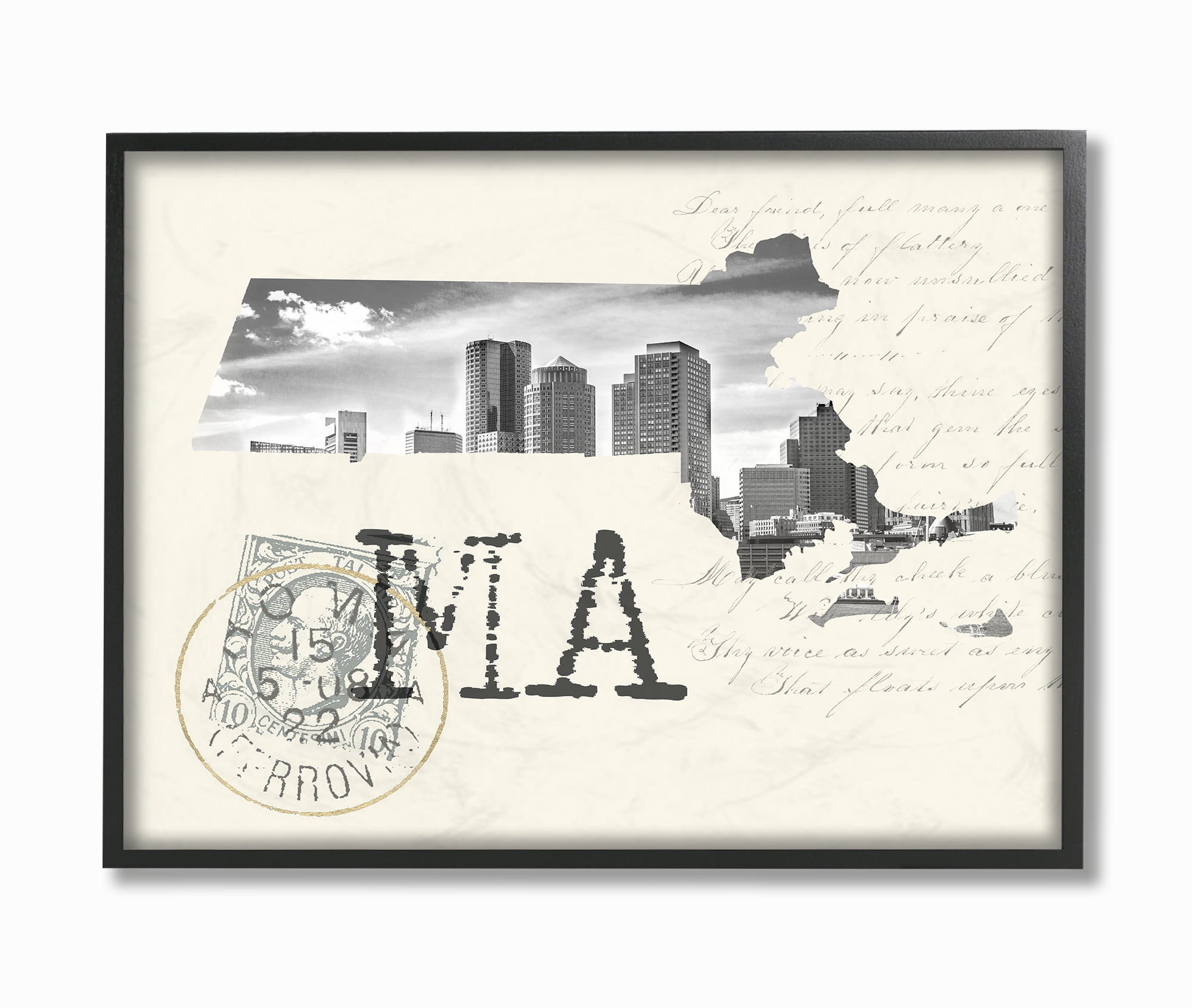 The Stupell Home Decor Massachusetts Black and White Photograph on Cream Paper Postcard Framed Texturized Art