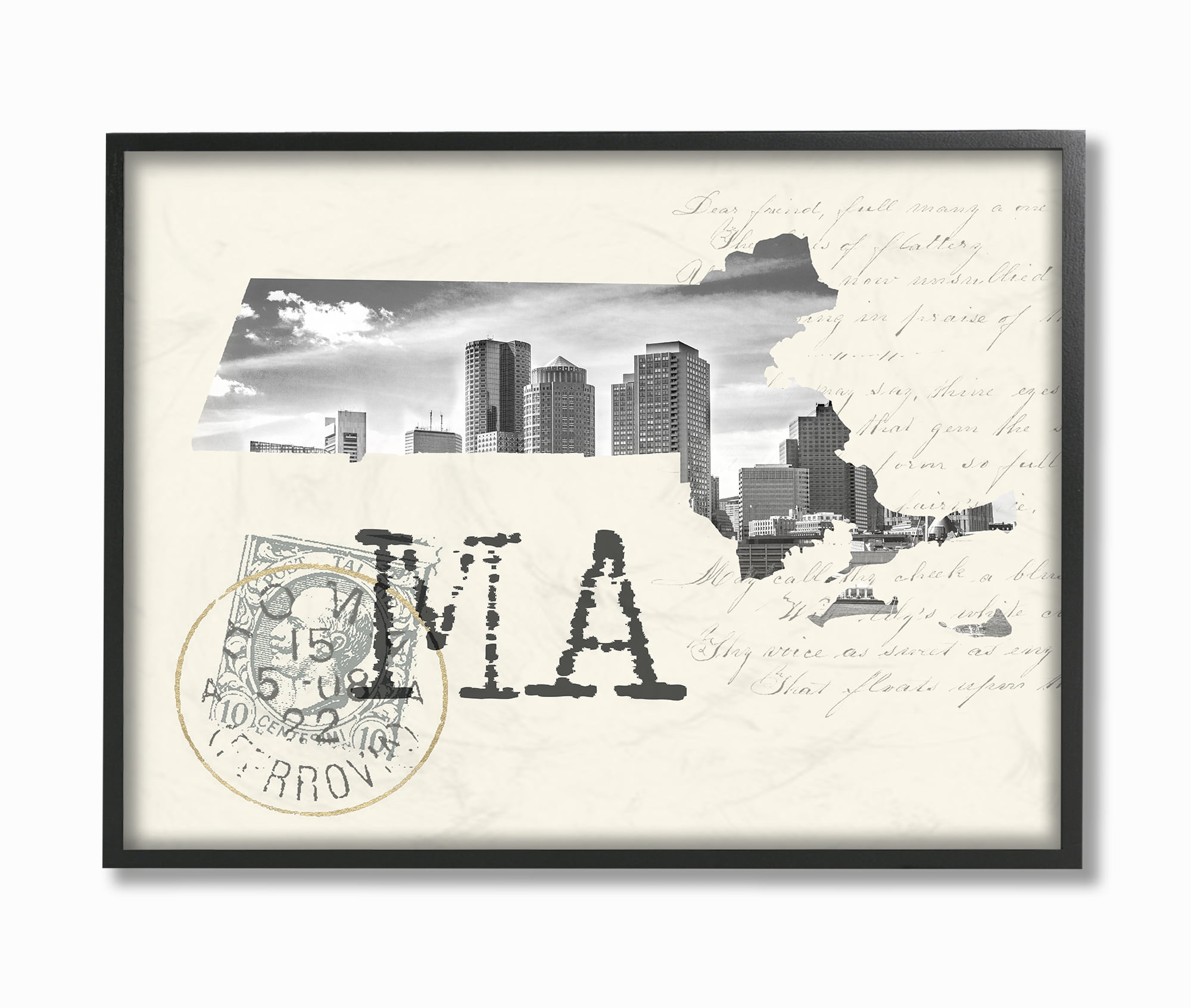 The Stupell Home Decor Massachusetts Black and White Photograph on Cream Paper Postcard Framed Texturized Art