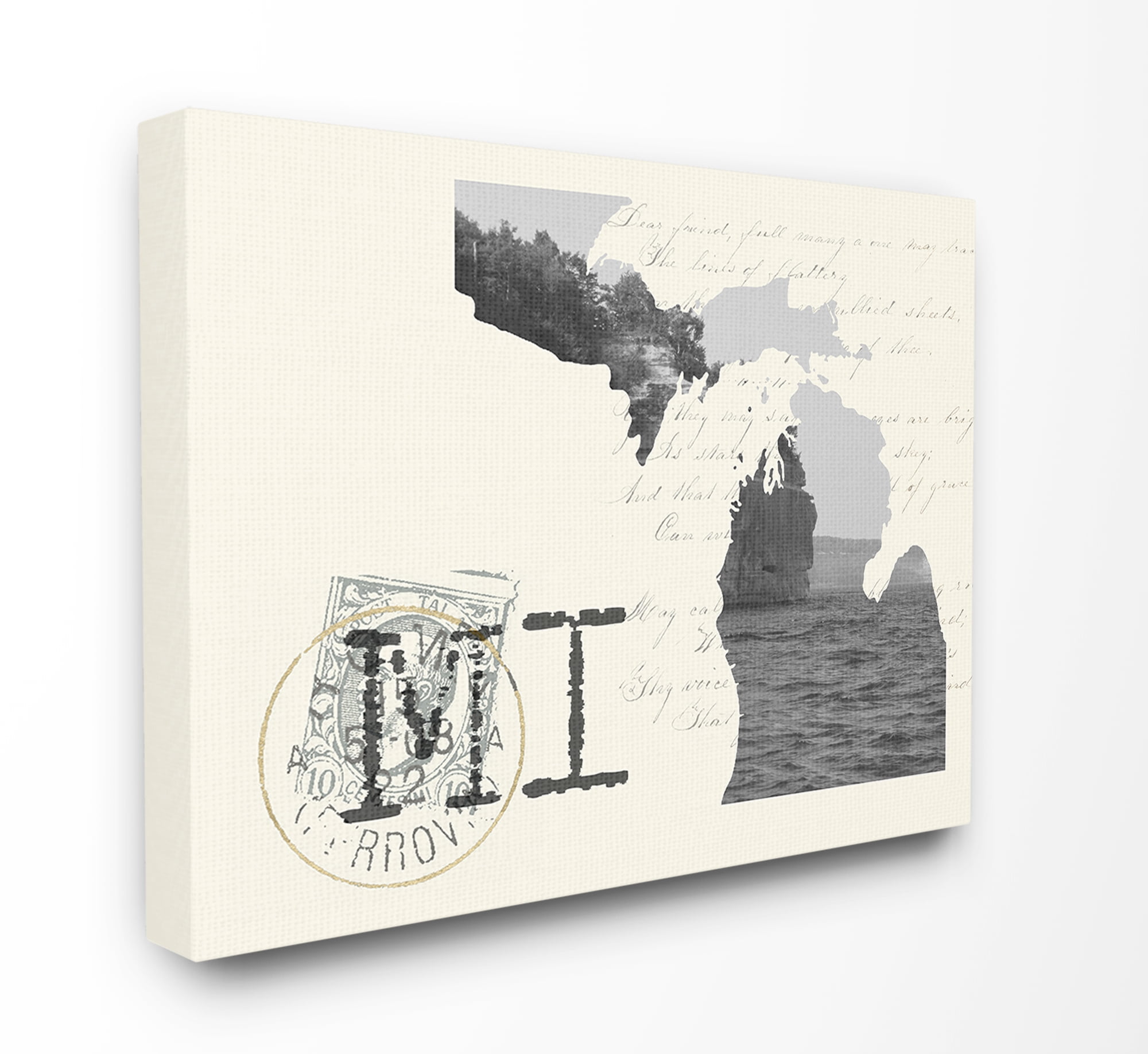 The Stupell Home Decor Michigan Black and White Photograph on Cream Paper Postcard Canvas Wall Art