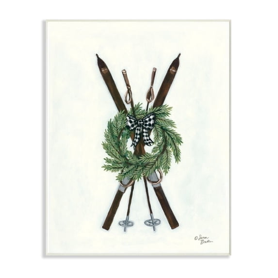 The Stupell Home Decor Minimal Rustic Skis Illustration with Gingham Wreath