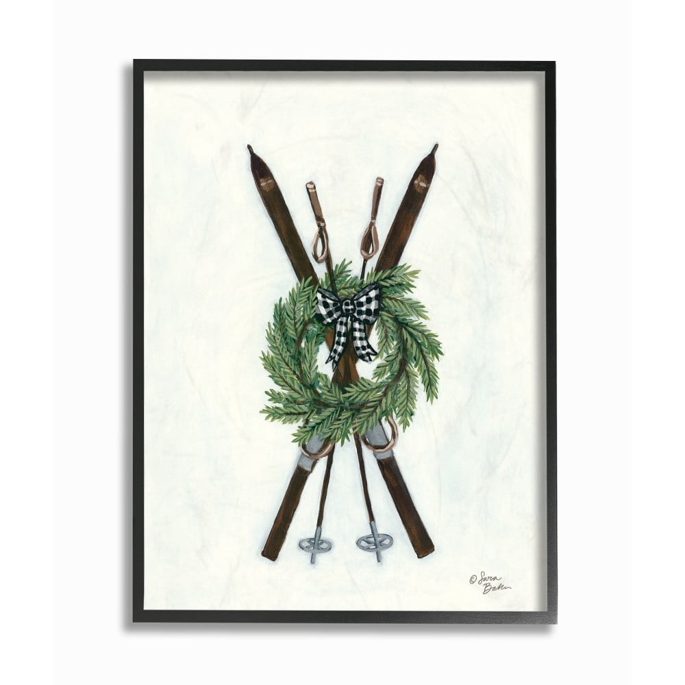 The Stupell Home Decor Minimal Rustic Skis Illustration with Gingham Wreath