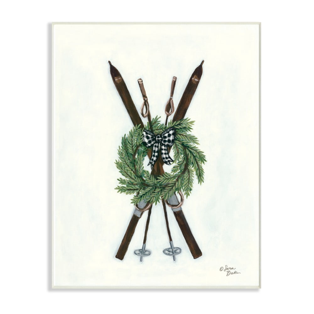 The Stupell Home Decor Minimal Rustic Skis Illustration with Gingham Wreath