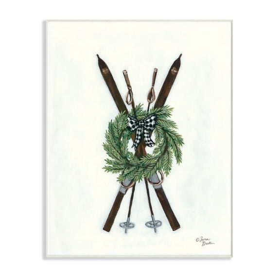 The Stupell Home Decor Minimal Rustic Skis Illustration with Gingham Wreath
