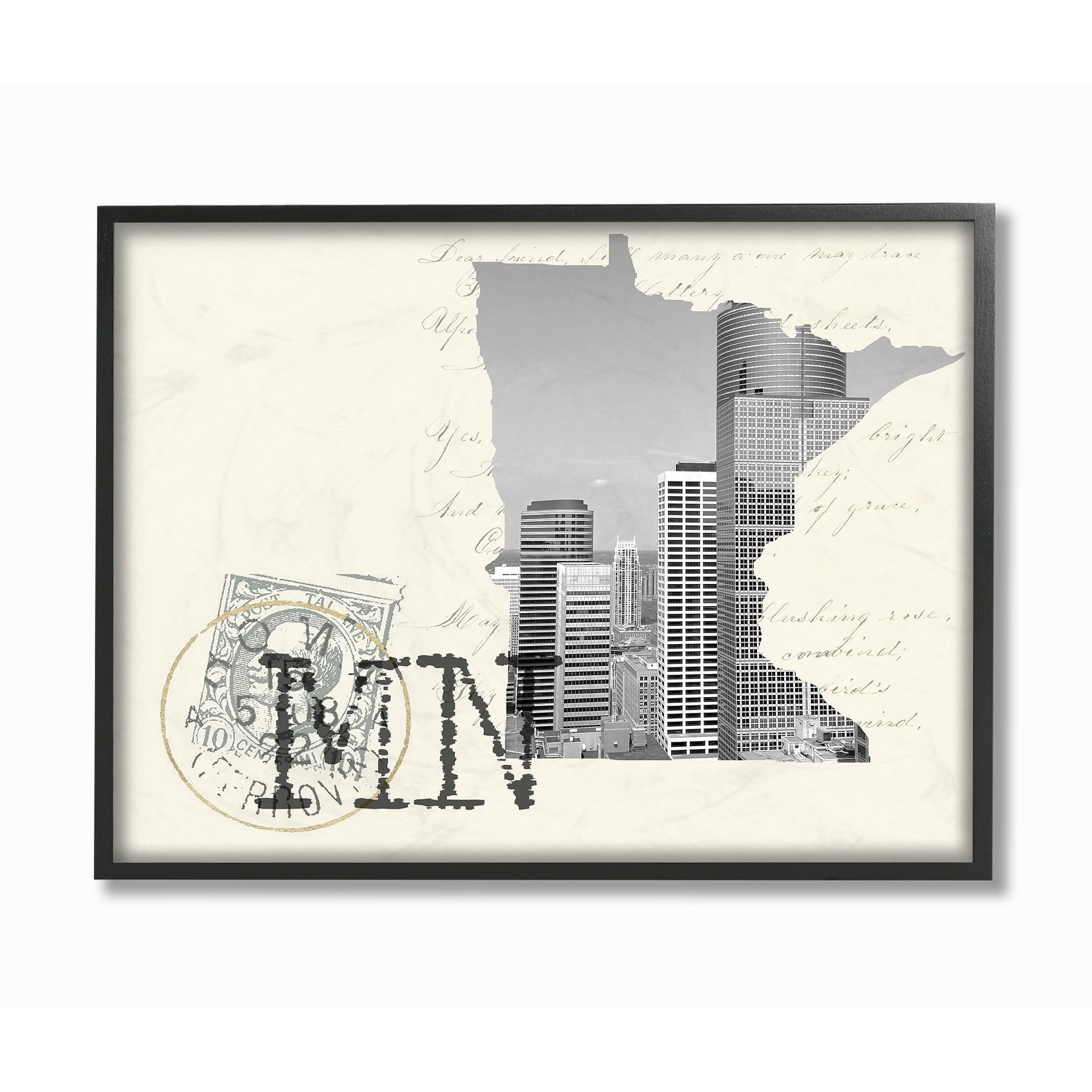 The Stupell Home Decor Minnesota Black and White Photograph on Cream Paper Postcard Framed Texturized Art