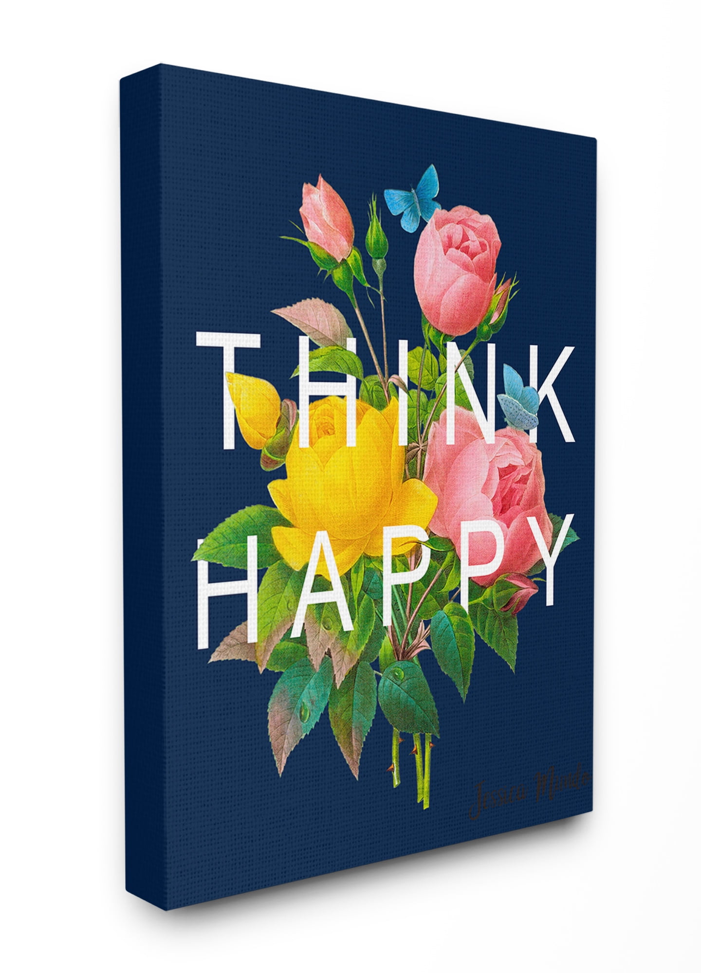 The Stupell Home Decor Navy Blue Think Happy Typography Over Floral Canvas Wall Art