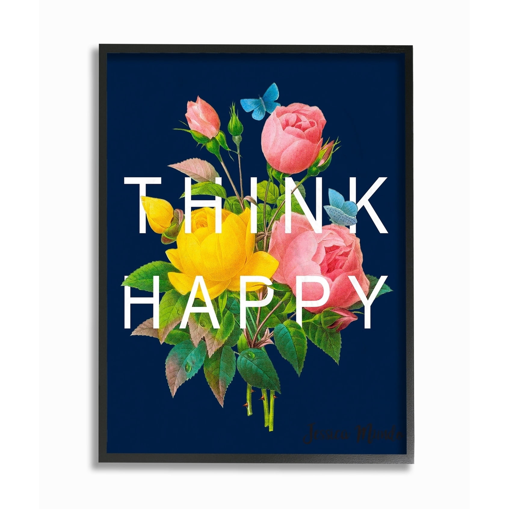 The Stupell Home Decor Navy Blue Think Happy Typography Over Floral Framed Texturized Art