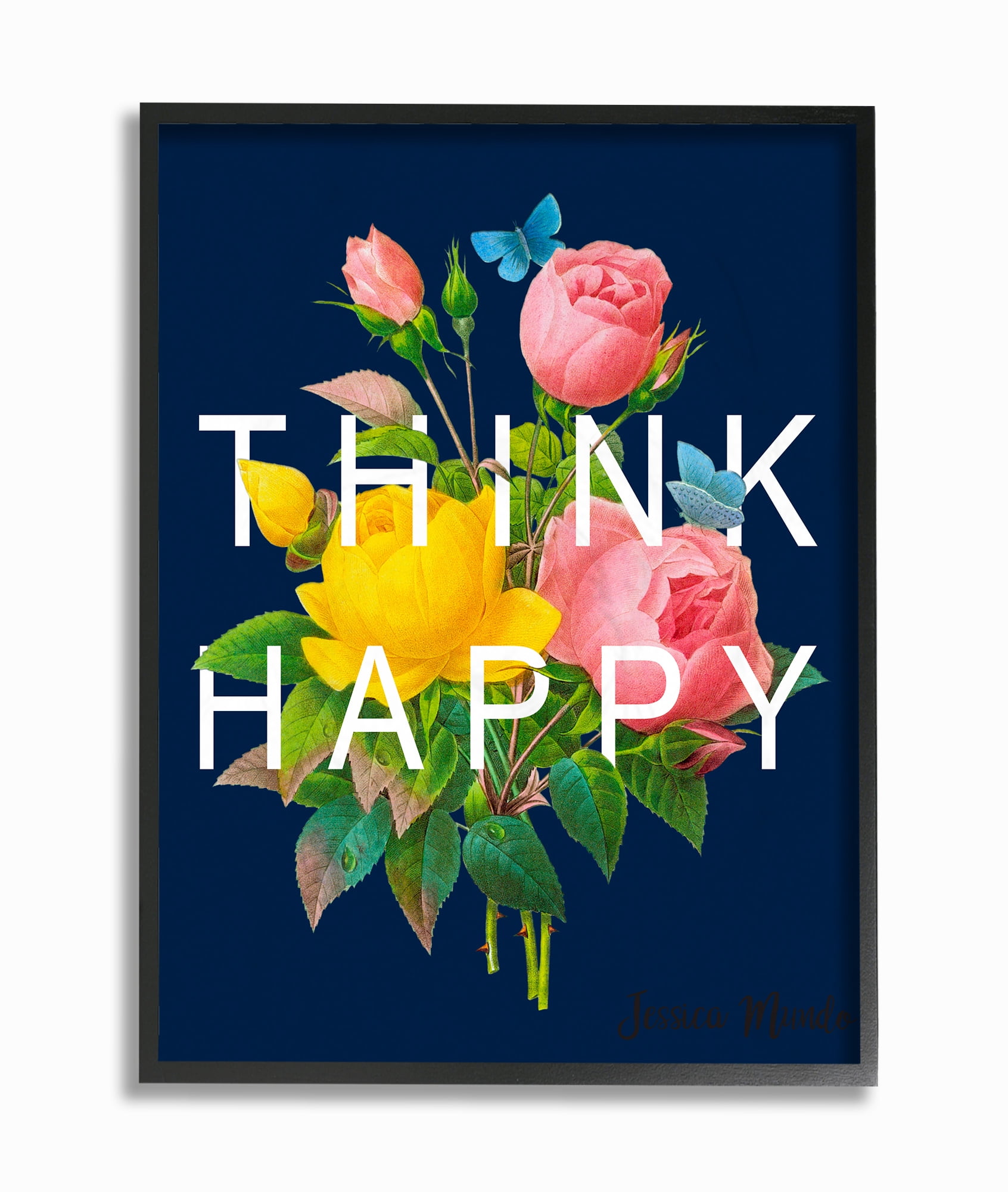 The Stupell Home Decor Navy Blue Think Happy Typography Over Floral Framed Texturized Art