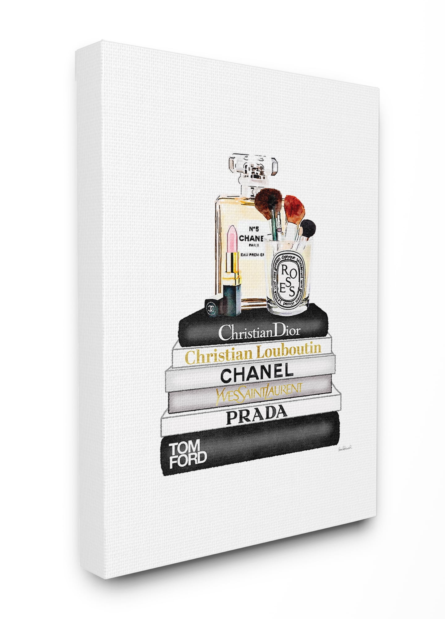 The Stupell Home Decor Neutral Black and White Fashion Bookstack with Perfume and Makeup Canvas Wall Art