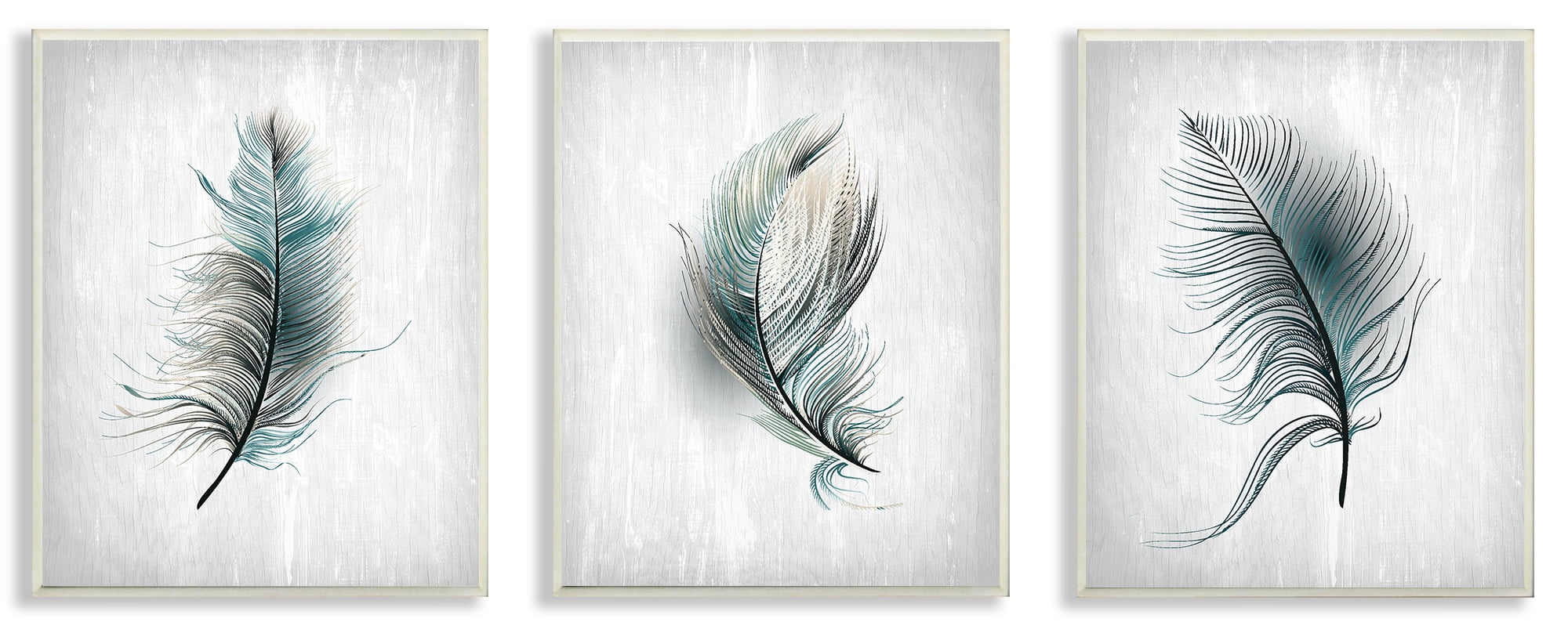 The Stupell Home Decor Neutral Grey and Blue Wispy Falling Feathers Trio Wall Plaque Art, 3pc, each 10 x 15