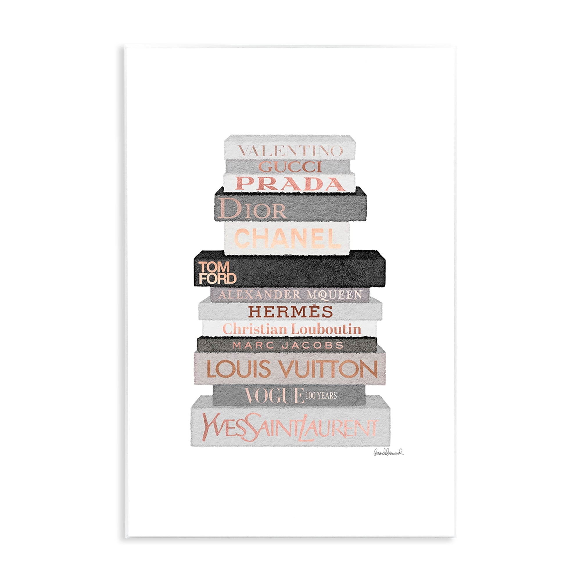 The Stupell Home Decor Neutral Grey and Rose Gold Fashion Bookstack Wall Plaque Art
