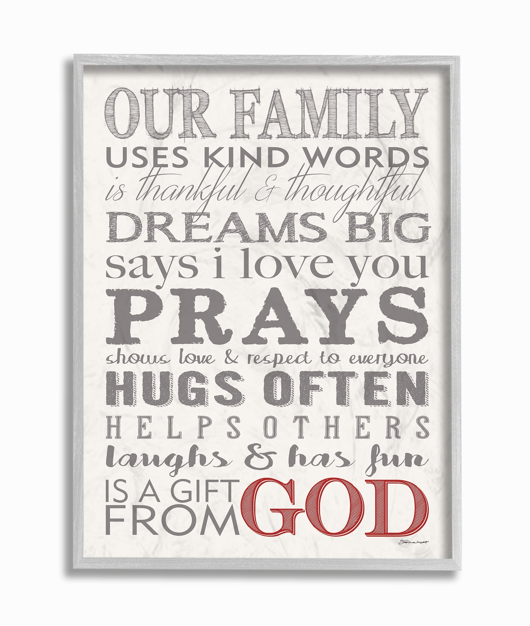 The Stupell Home Decor Our Family Dream Pray Grey Red and White Typography Gray Framed Texturized Art