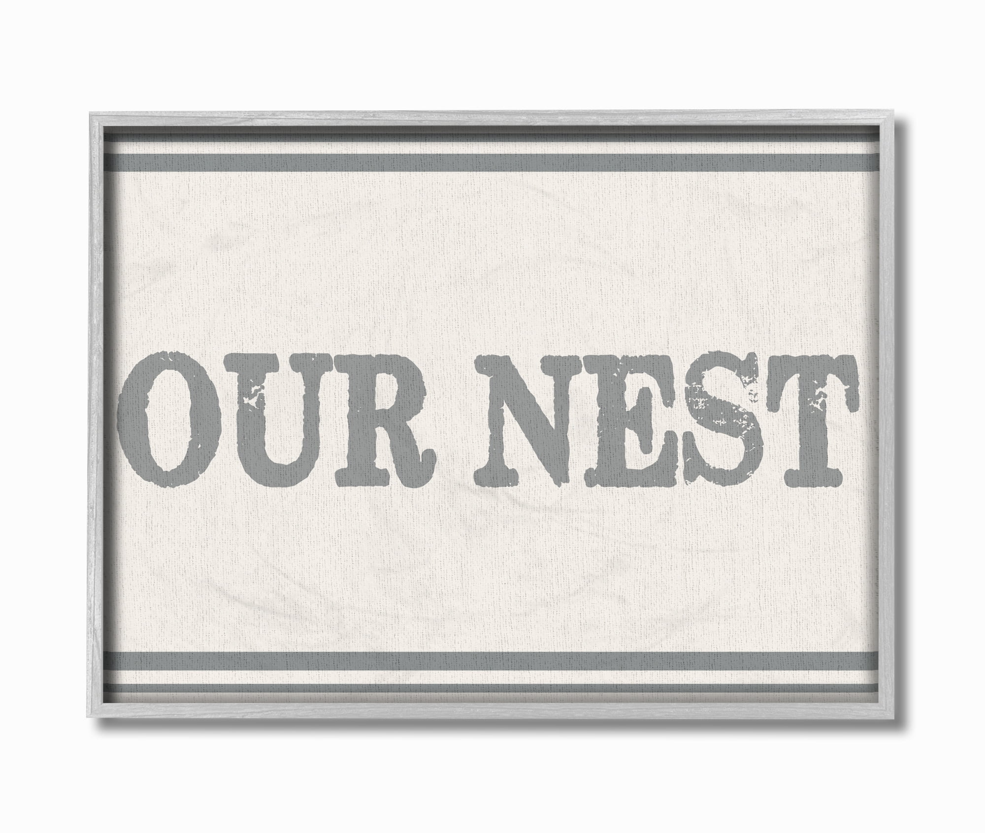 The Stupell Home Decor Our Nest Flour Sack Typography Gray Framed Texturized Art