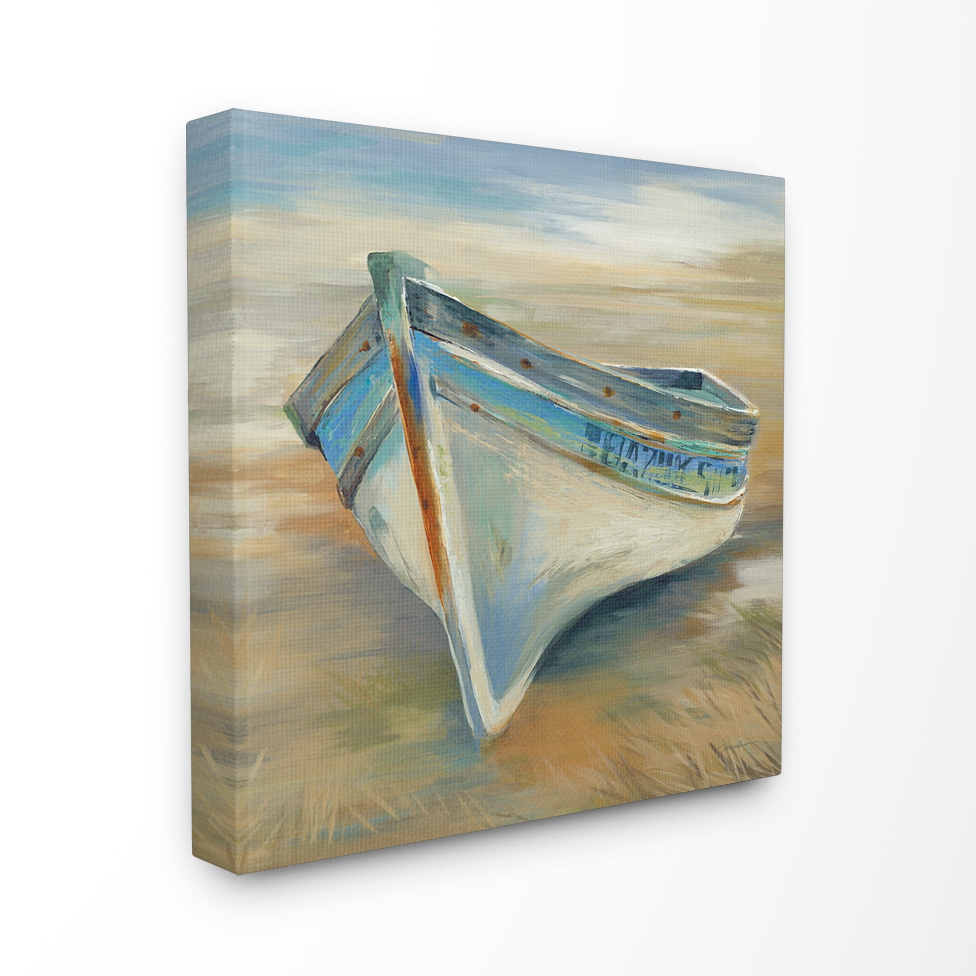 The Stupell Home Decor Painterly Blue Green and Rust Rowboat in the Grass Canvas Wall Art