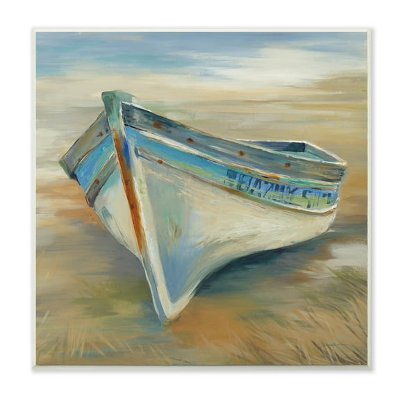 The Stupell Home Decor Painterly Blue Green and Rust Rowboat in the Grass Wall Plaque Art