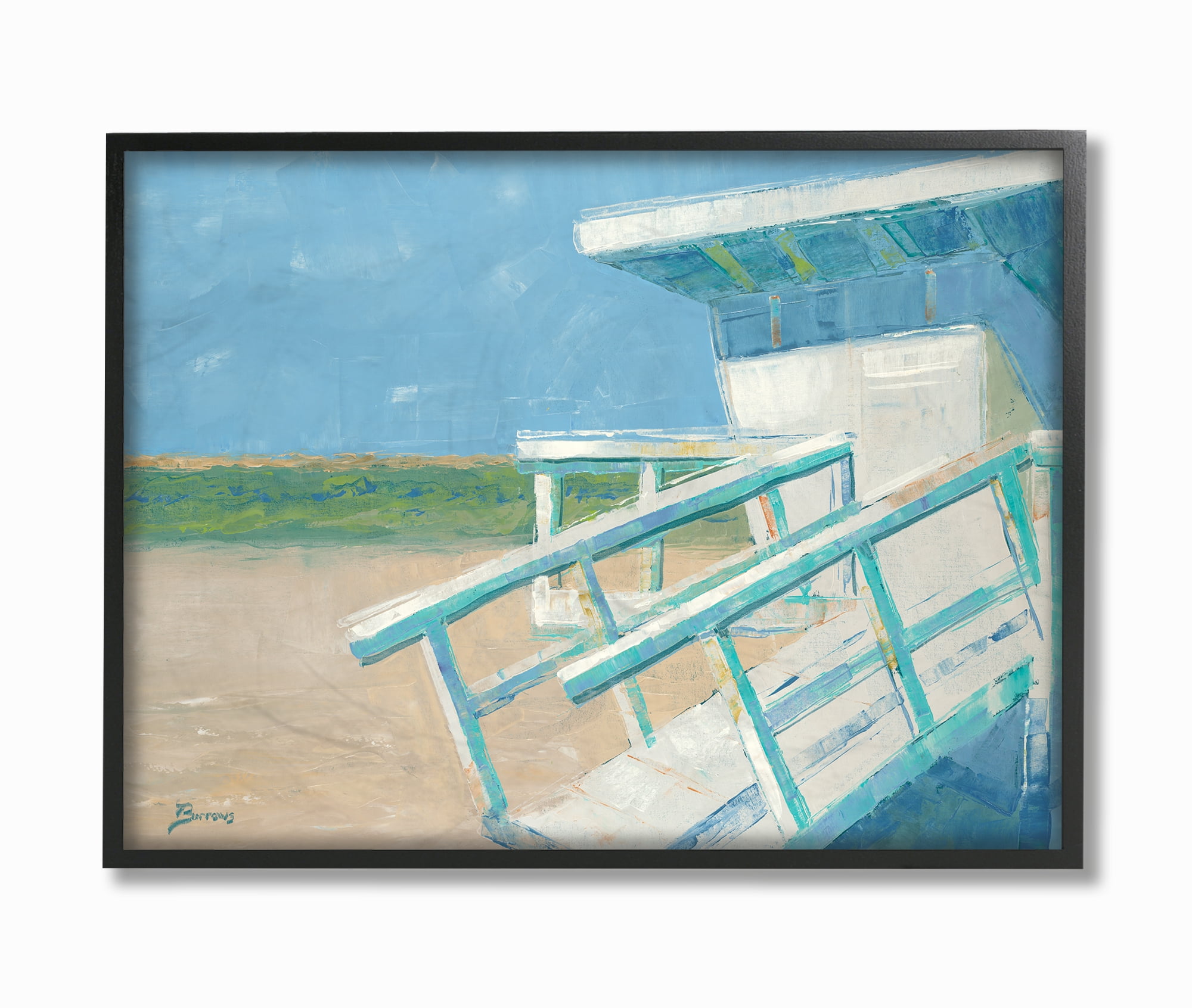 The Stupell Home Decor Painterly Blue and Green Lifeguard House on the Beach Framed Texturized Art