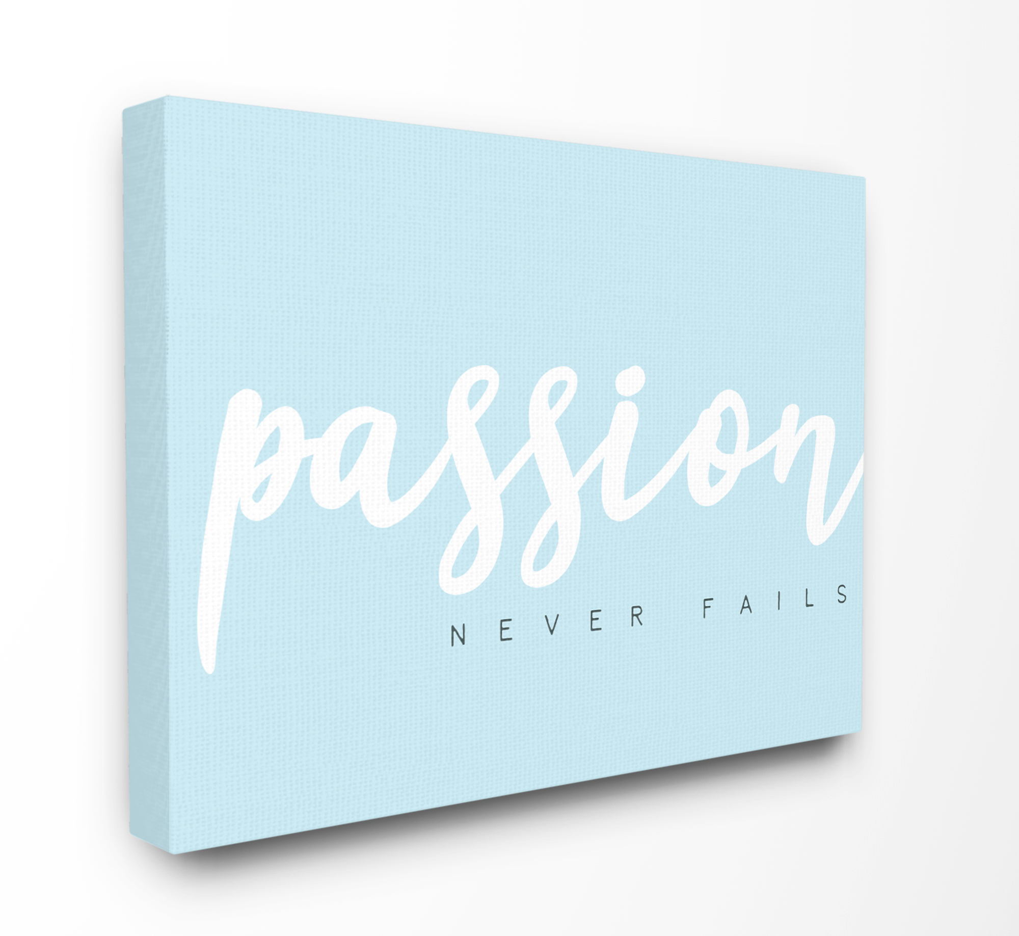 The Stupell Home Decor Passion Never Fails White on Light Blue Typography Canvas Wall Art