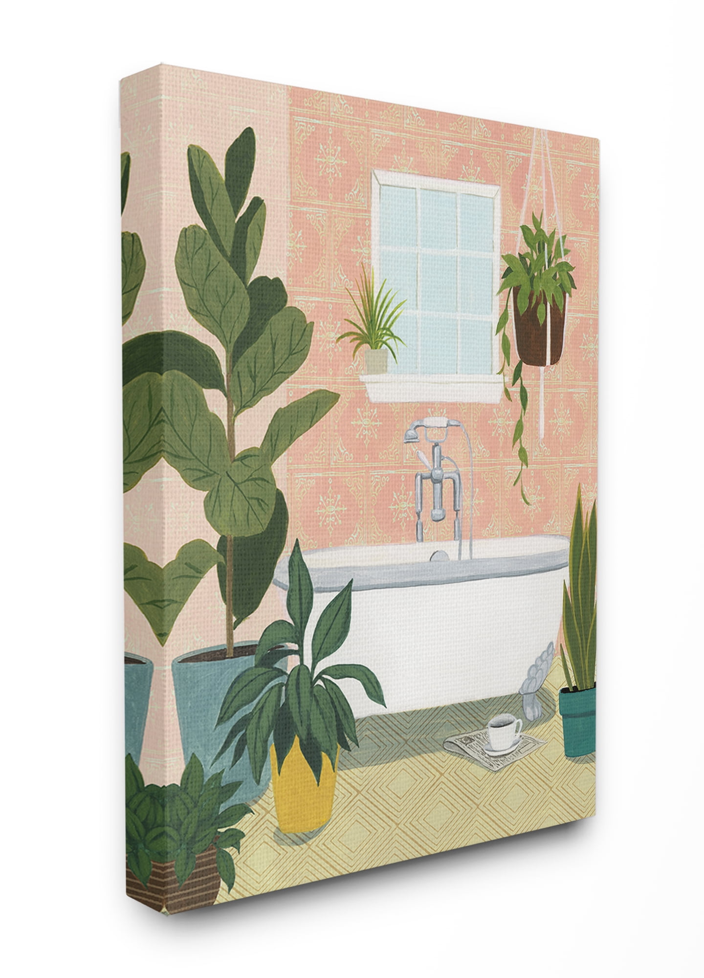 The Stupell Home Decor Peach Walls Bathroom Oasis Scene with Fiddle Leaf Plants Canvas Wall Art