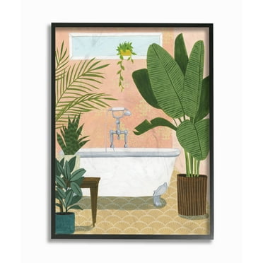 The Stupell Home Decor Peach Walls Bathtub Oasis Scene with Palm Plants Framed Texturized Art