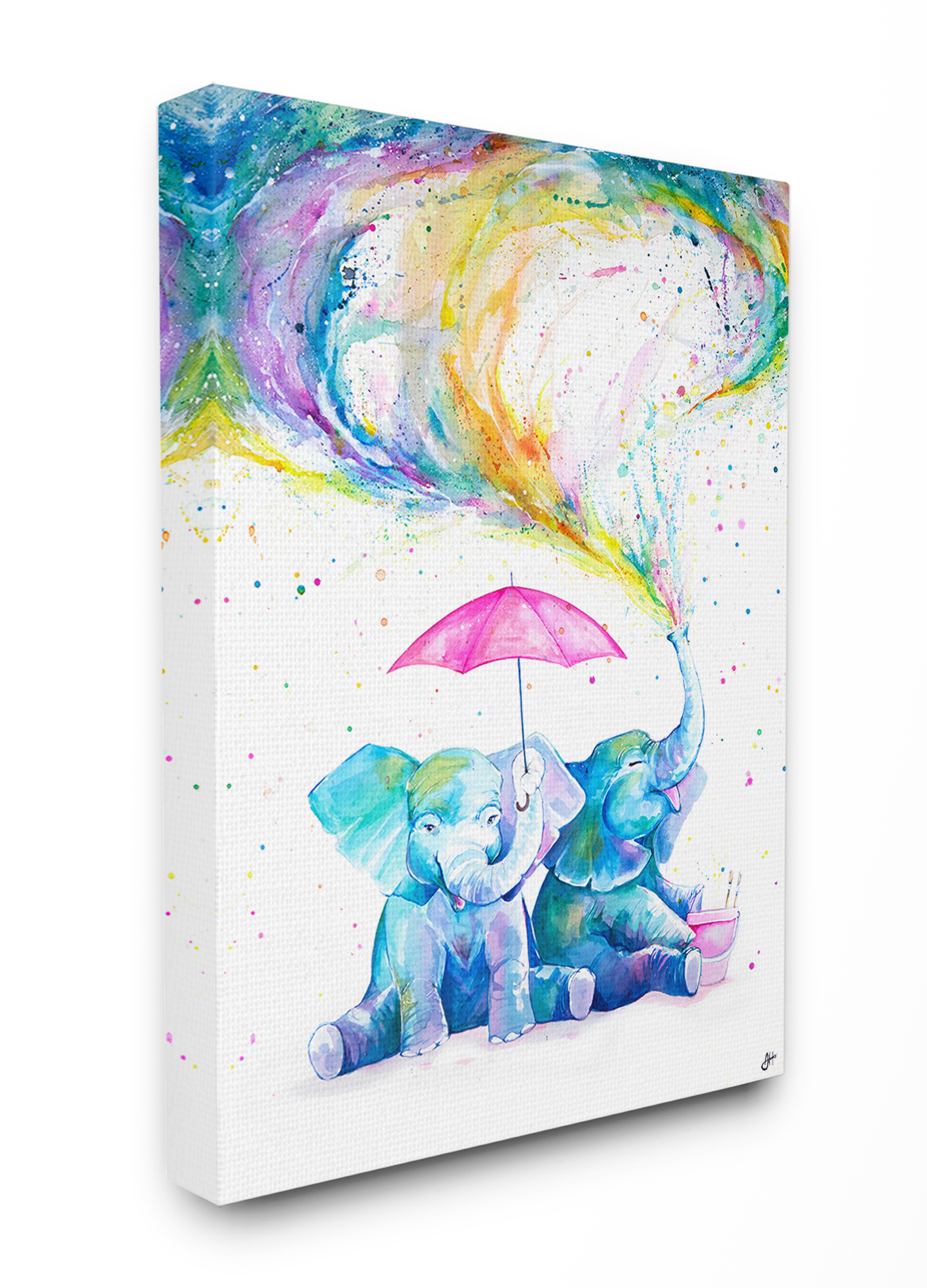 The Stupell Home Decor Rainbow Watercolor Spraying Elephants with Pink Umbrella Canvas Wall Art