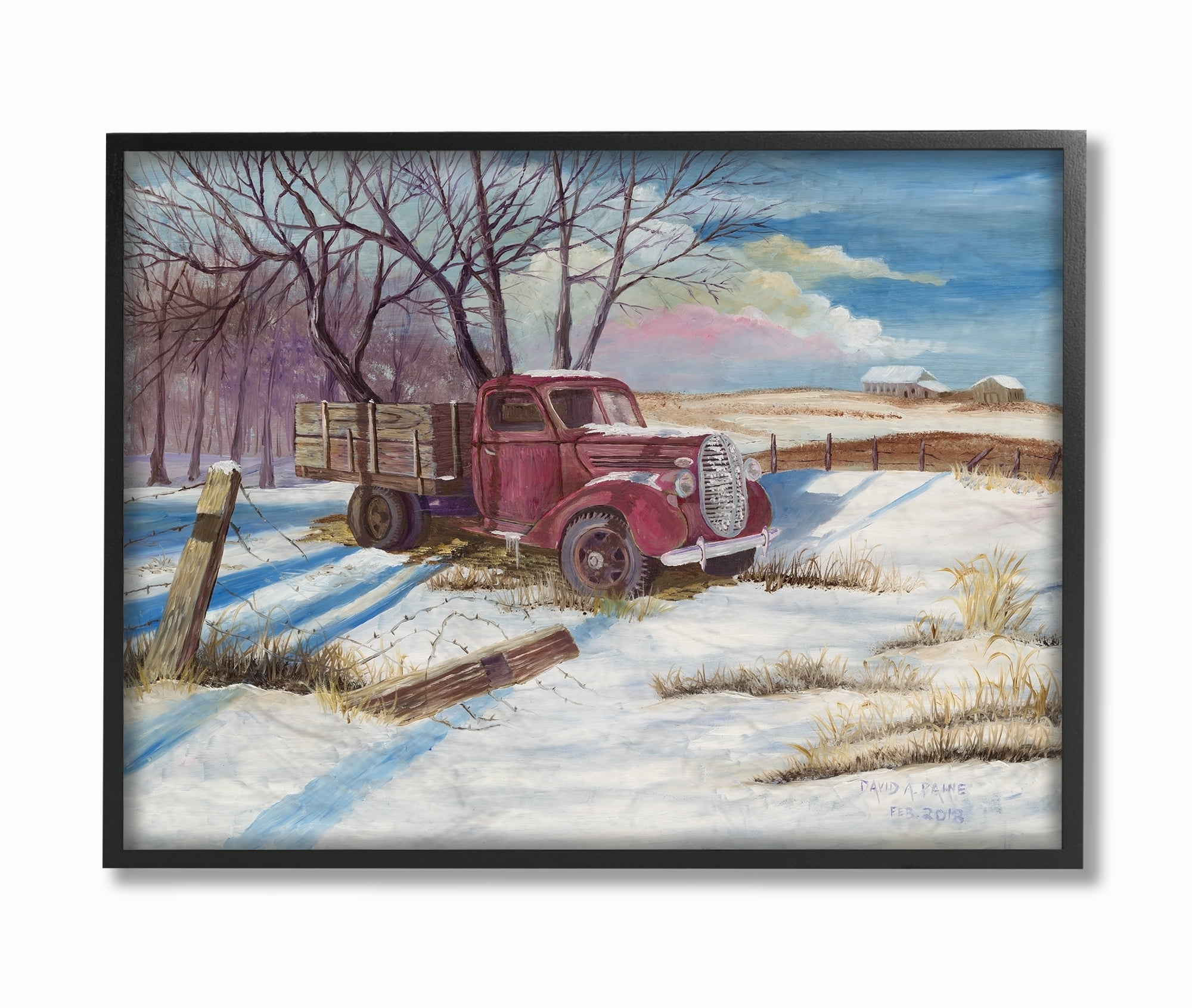 The Stupell Home Decor Red Pickup Truck Scene with Snow on the Ground Framed Texturized Art
