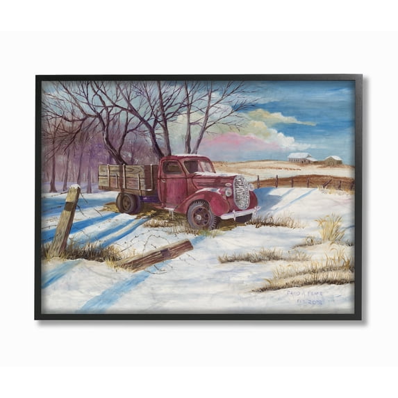 The Stupell Home Decor Red Pickup Truck Scene with Snow on the Ground Framed Texturized Art