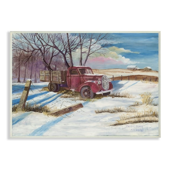 The Stupell Home Decor Red Pickup Truck Scene with Snow on the Ground Wall Plaque Art
