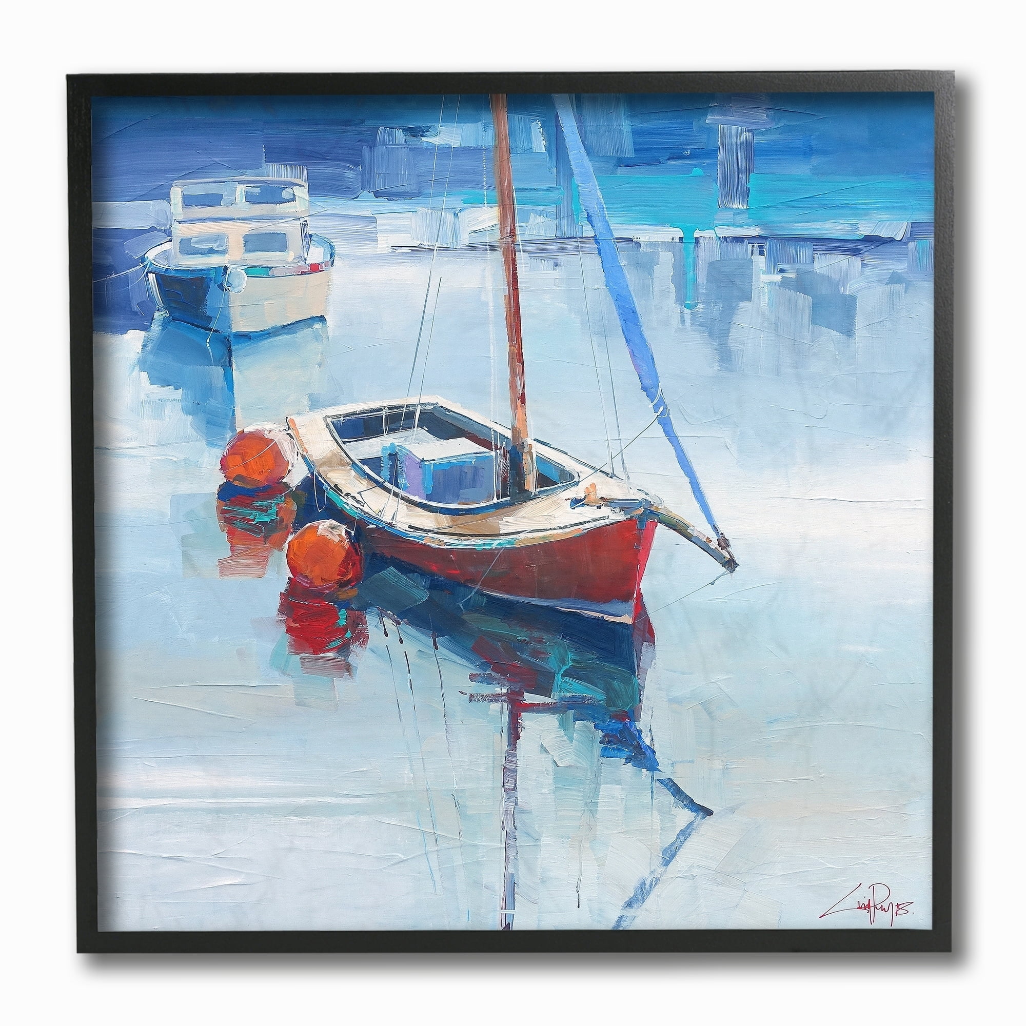 The Stupell Home Decor Red in a Sea of Blue Painterly Boat by the Buoys Framed Texturized Art