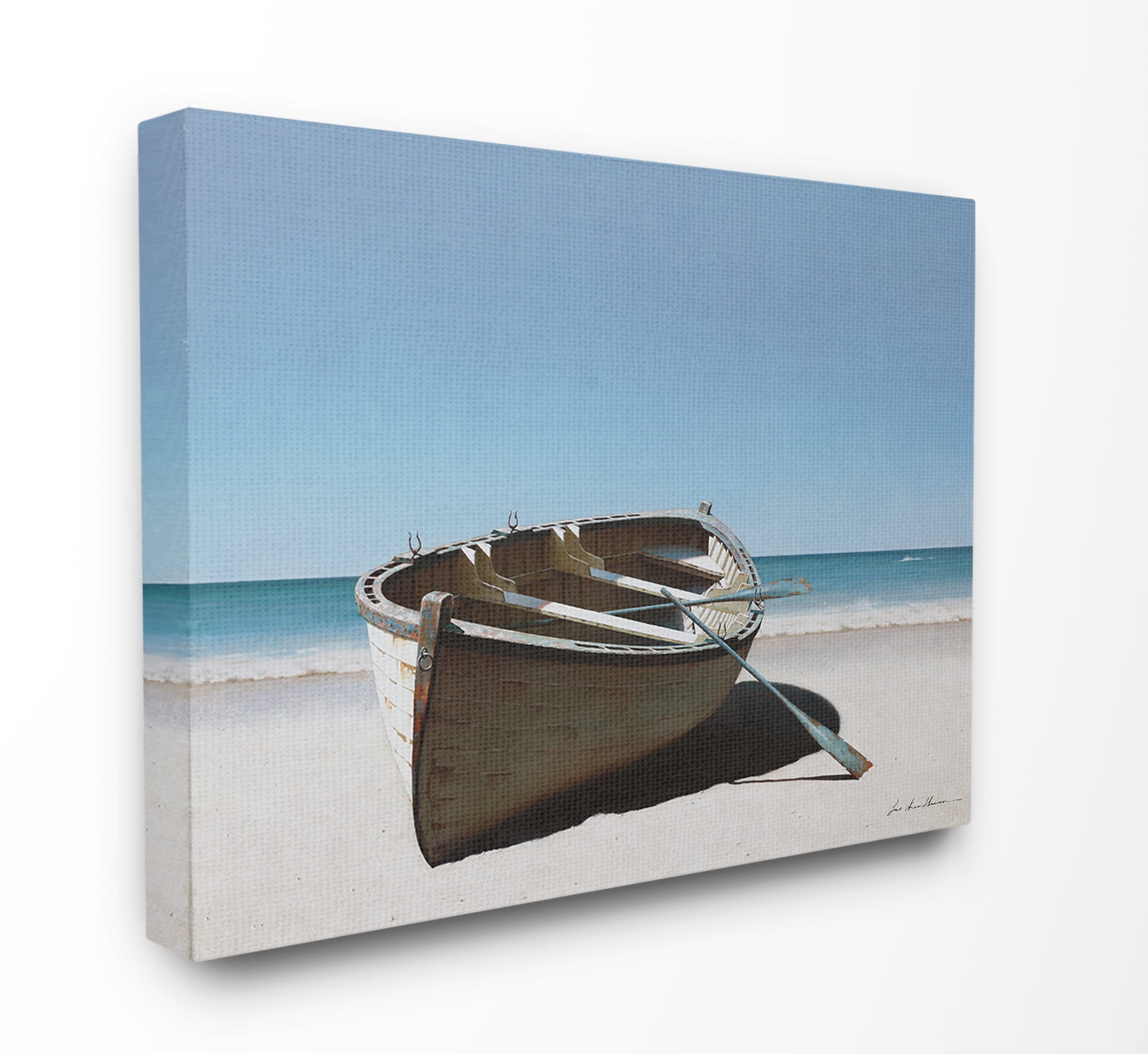 Large Beige and Blue Canvas Print of Row Boat on Shore