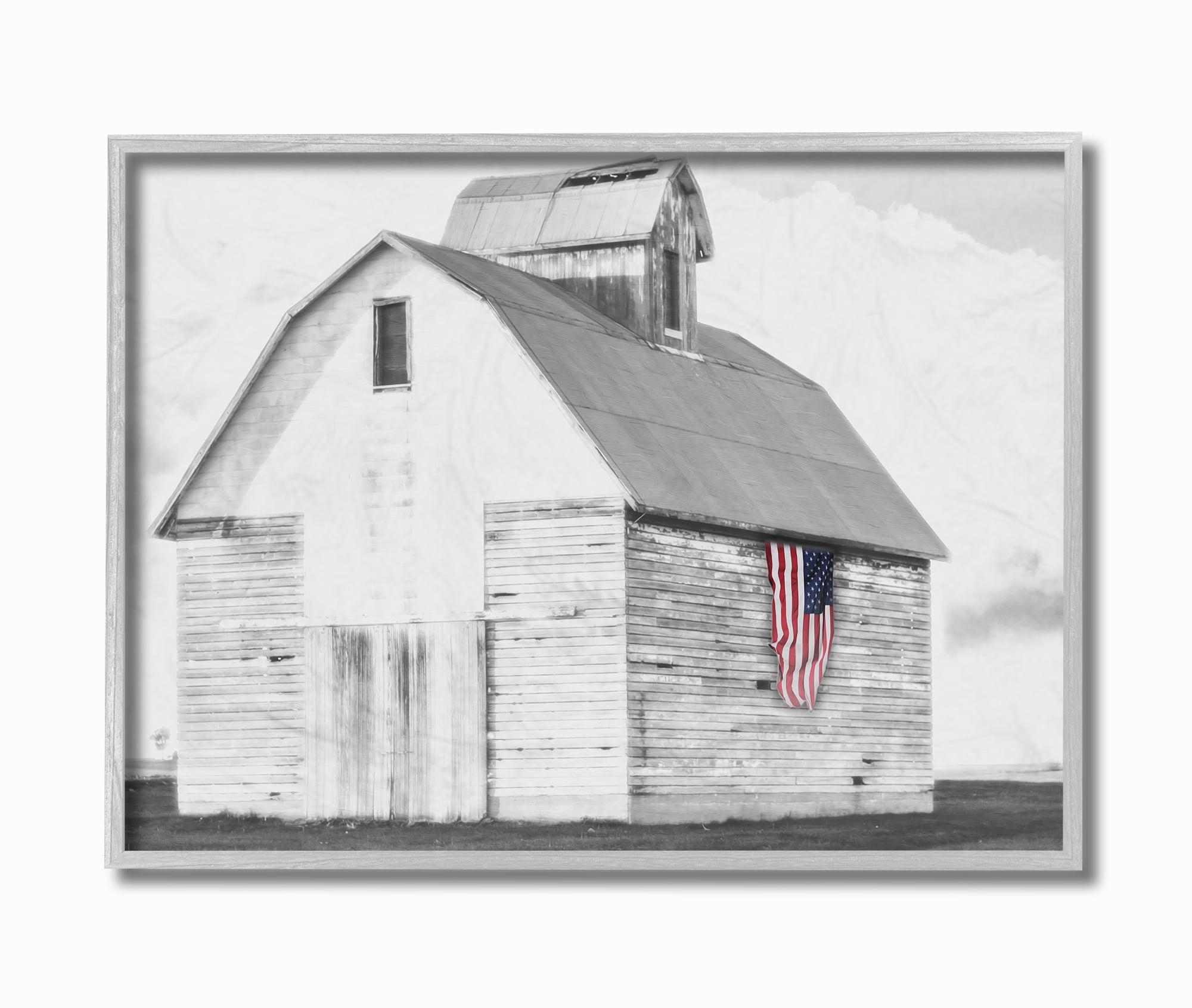 The Stupell Home Decor Rustic US Barn Flag Black and White Gray Framed Texturized Art