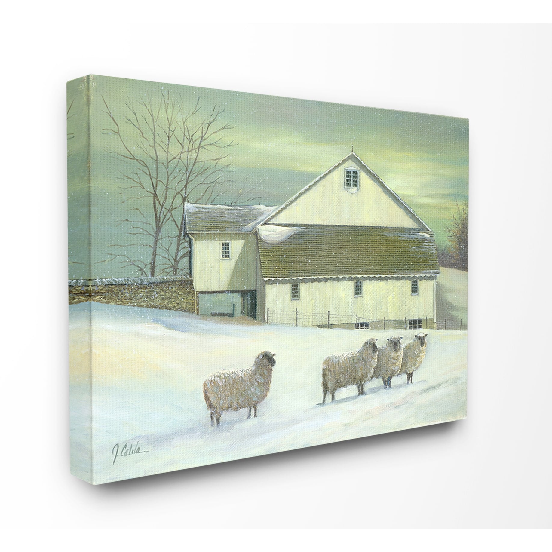 Green Toned Farmhouse with Sheep Canvas Wall Art