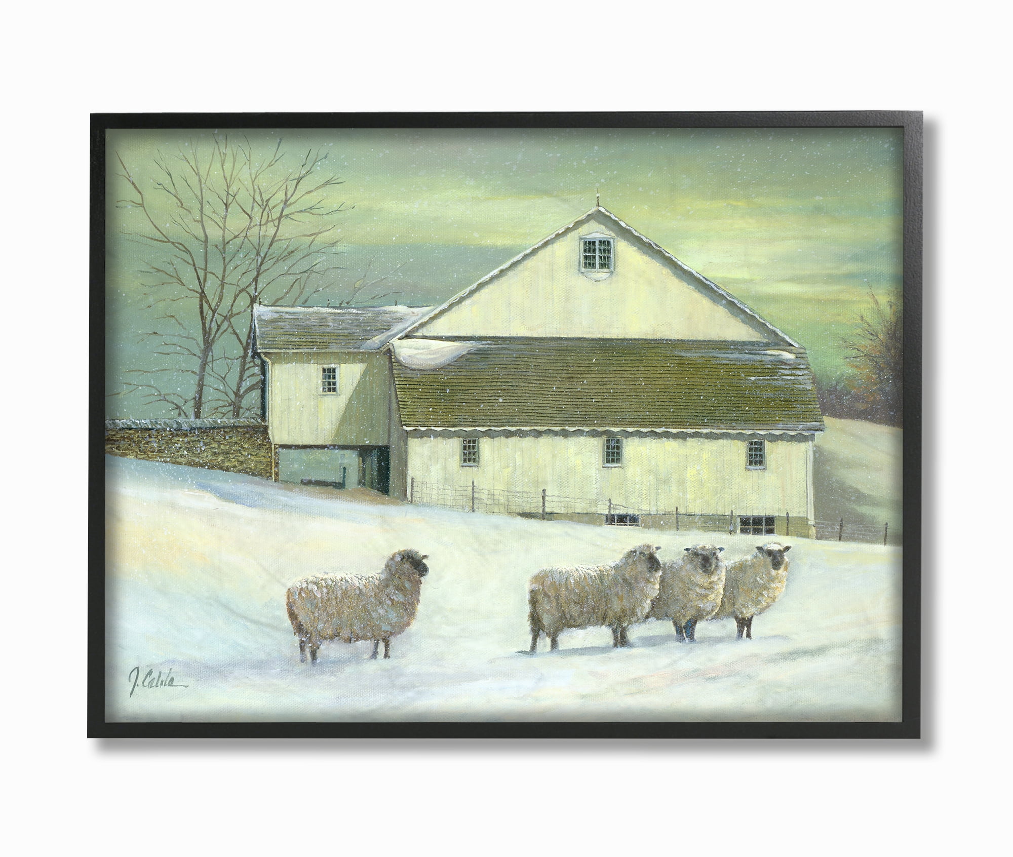 The Stupell Home Decor Sheep in Front of the Farmhouse Green Toned Painting Framed Texturized Art