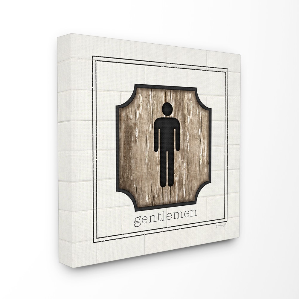 The Stupell Home Decor Simple White and Distressed Wood Look Gentlemen Bathroom Sign