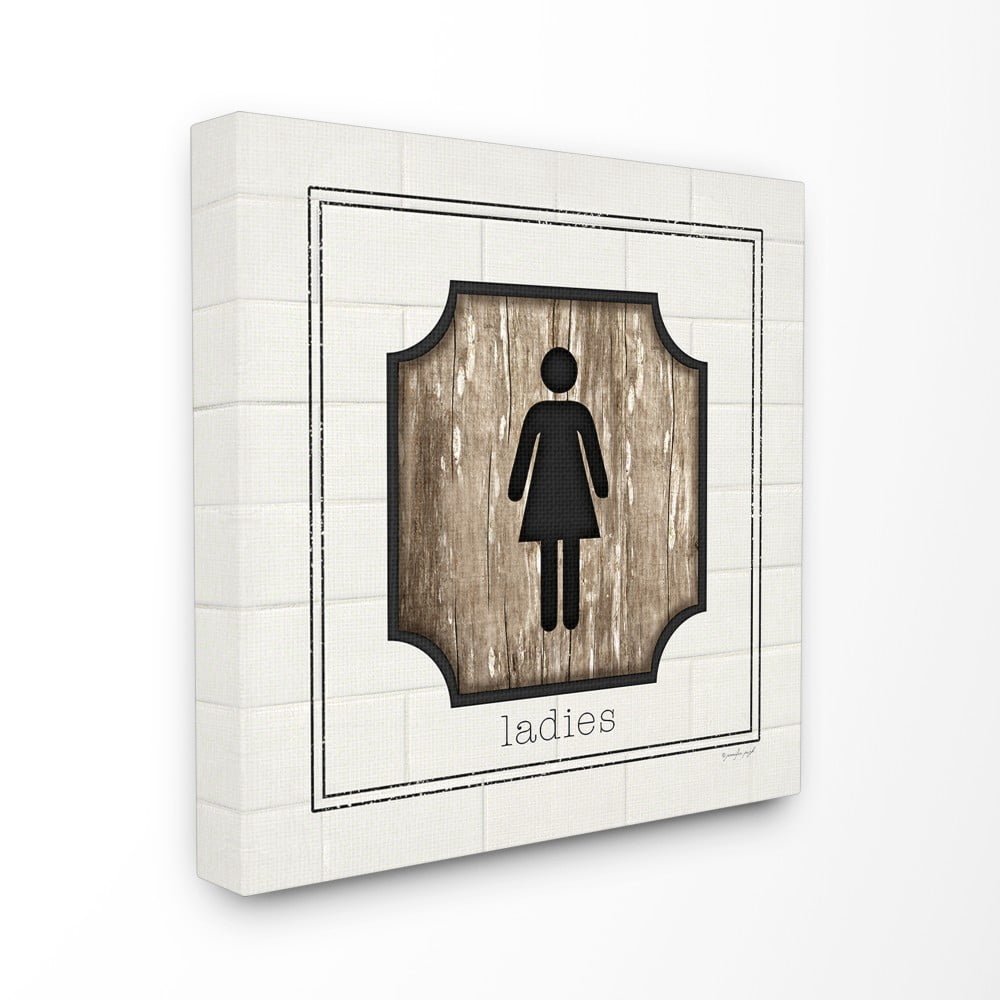 The Stupell Home Decor Simple White and Distressed Wood Look Ladies Bathroom Sign