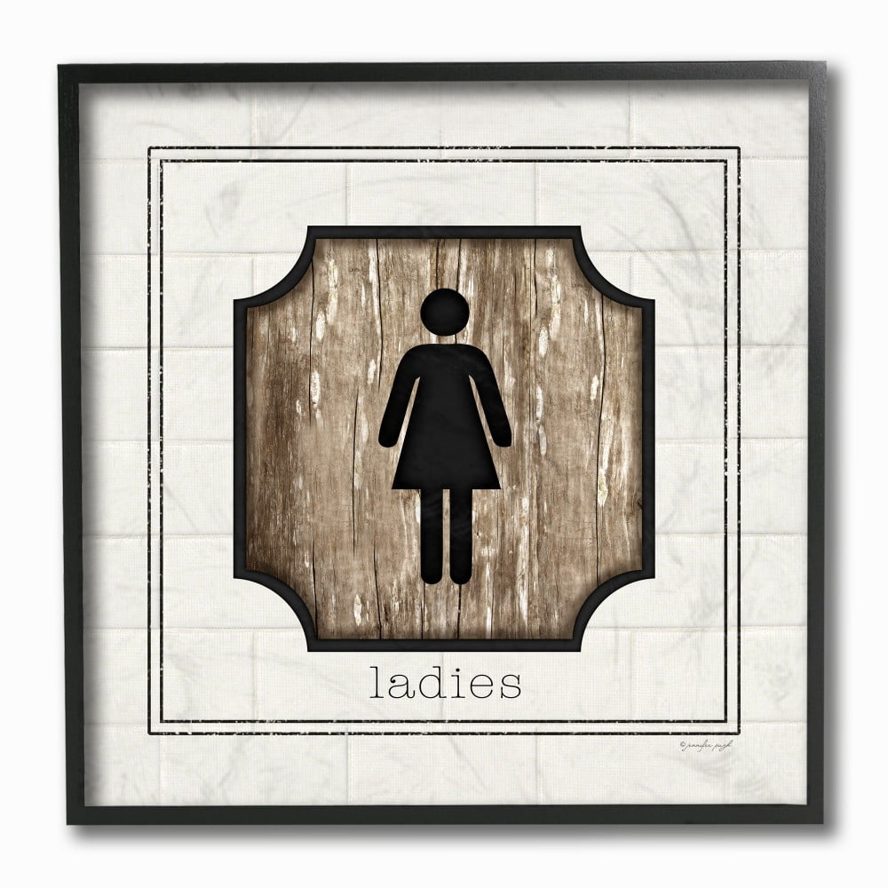 The Stupell Home Decor Simple White and Distressed Wood Look Ladies Bathroom Sign