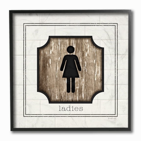 The Stupell Home Decor Simple White and Distressed Wood Look Ladies Bathroom Sign